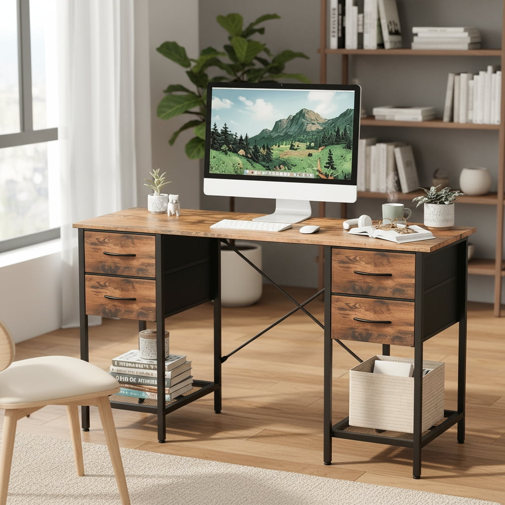 CONCETTA 55 Inch Computer Desk with 4 Drawers &amp; Mesh Shelf, Large Desktop,Storage Desk for Home Office, Gaming &amp; Study, Flexible Setup, Rustic Brown
