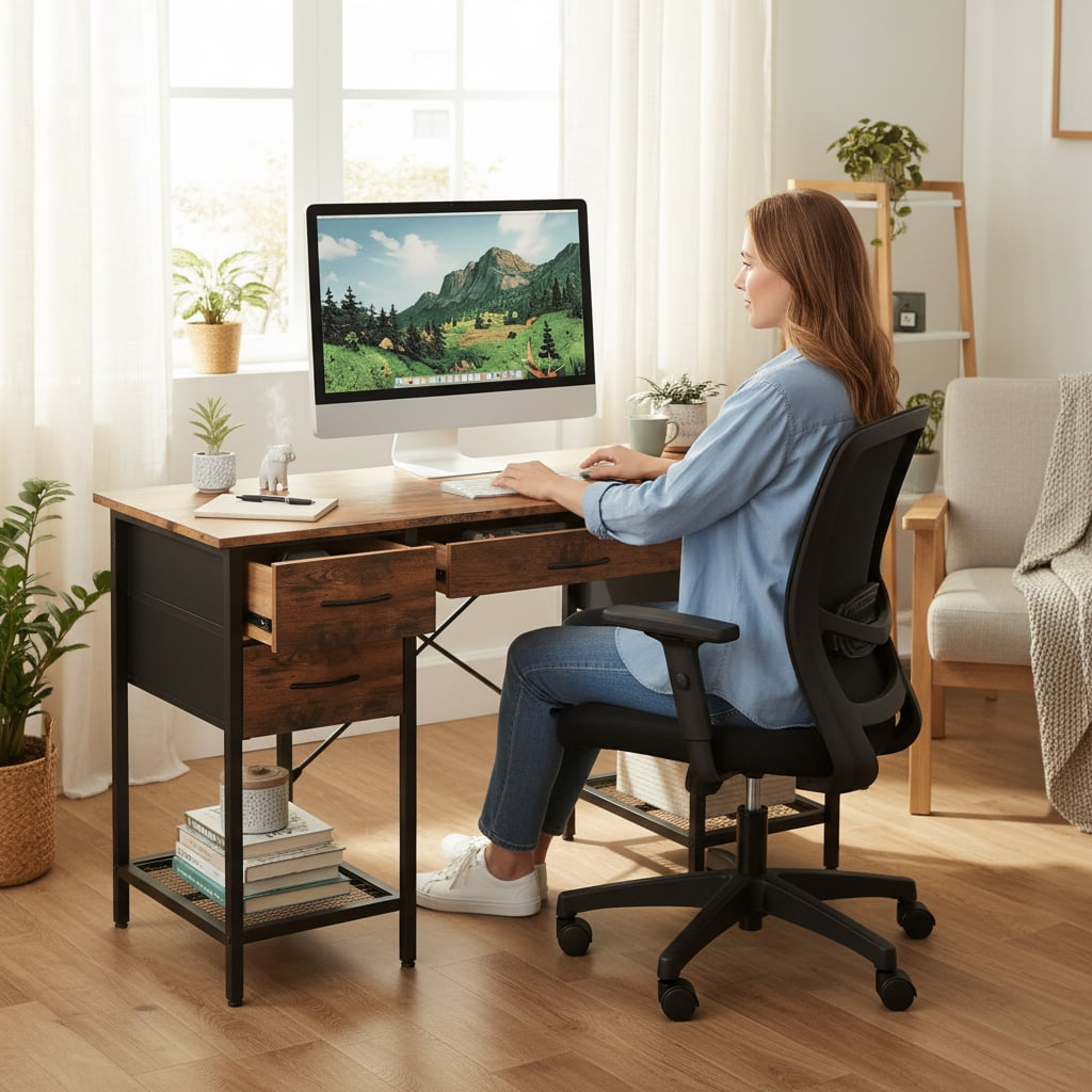 CONCETTA 55 Inch Computer Desk with 4 Drawers &amp; Mesh Shelf, Large Desktop,Storage Desk for Home Office, Gaming &amp; Study, Flexible Setup, Rustic Brown