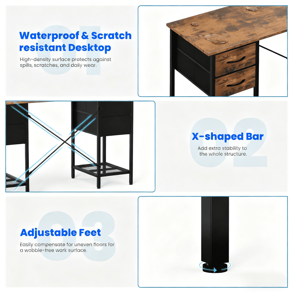 CONCETTA 55 Inch Computer Desk with 4 Drawers &amp; Mesh Shelf, Large Desktop,Storage Desk for Home Office, Gaming &amp; Study, Flexible Setup, Rustic Brown
