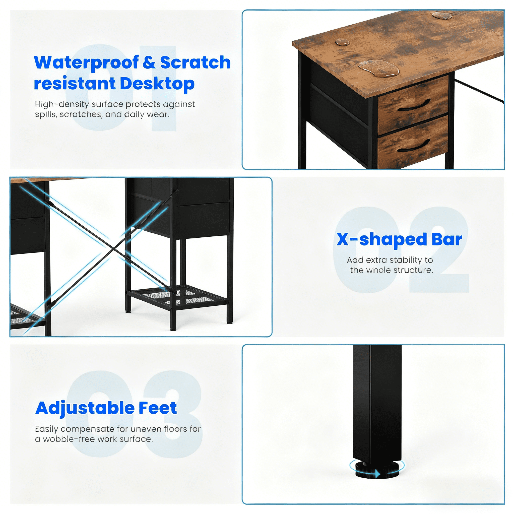 CONCETTA 55 Inch Computer Desk with 4 Drawers &amp; Mesh Shelf, Large Desktop,Storage Desk for Home Office, Gaming &amp; Study, Flexible Setup, Rustic Brown