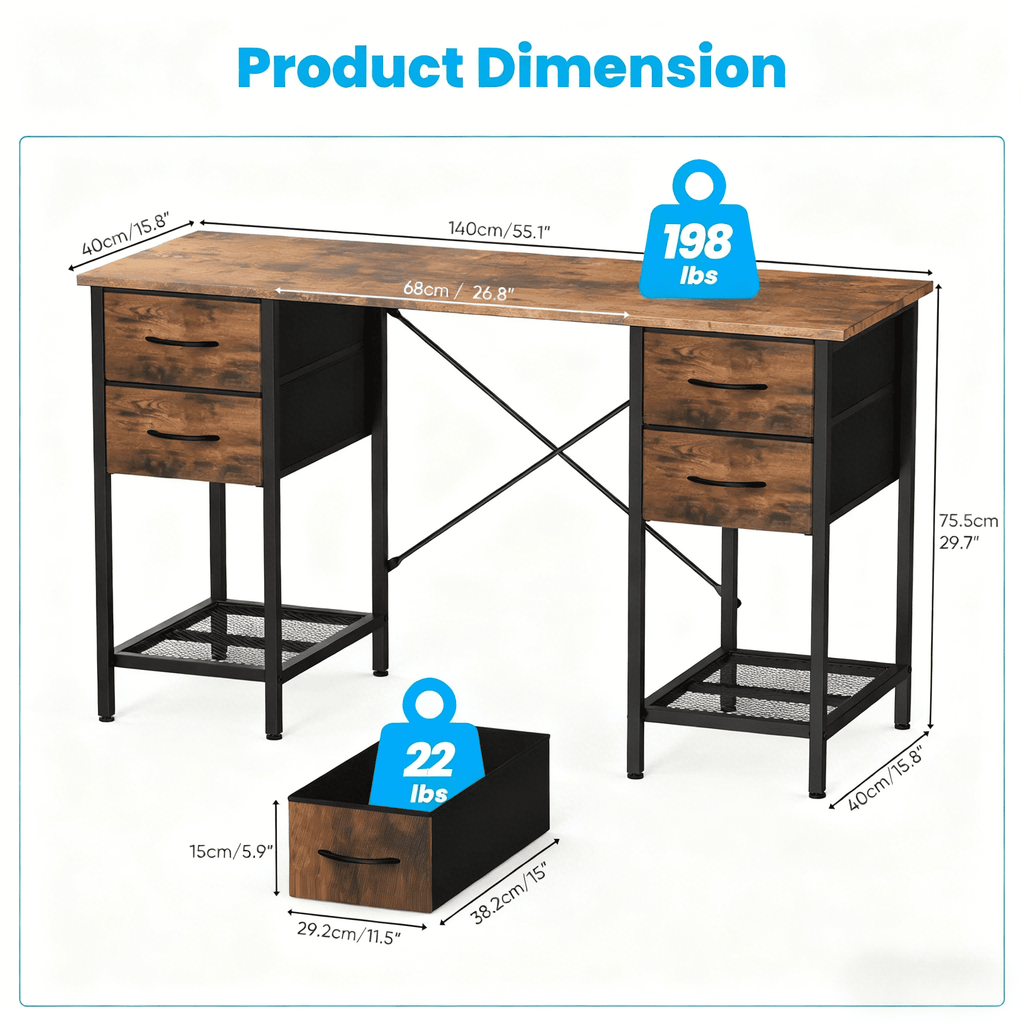 CONCETTA 55 Inch Computer Desk with 4 Drawers &amp; Mesh Shelf, Large Desktop,Storage Desk for Home Office, Gaming &amp; Study, Flexible Setup, Rustic Brown