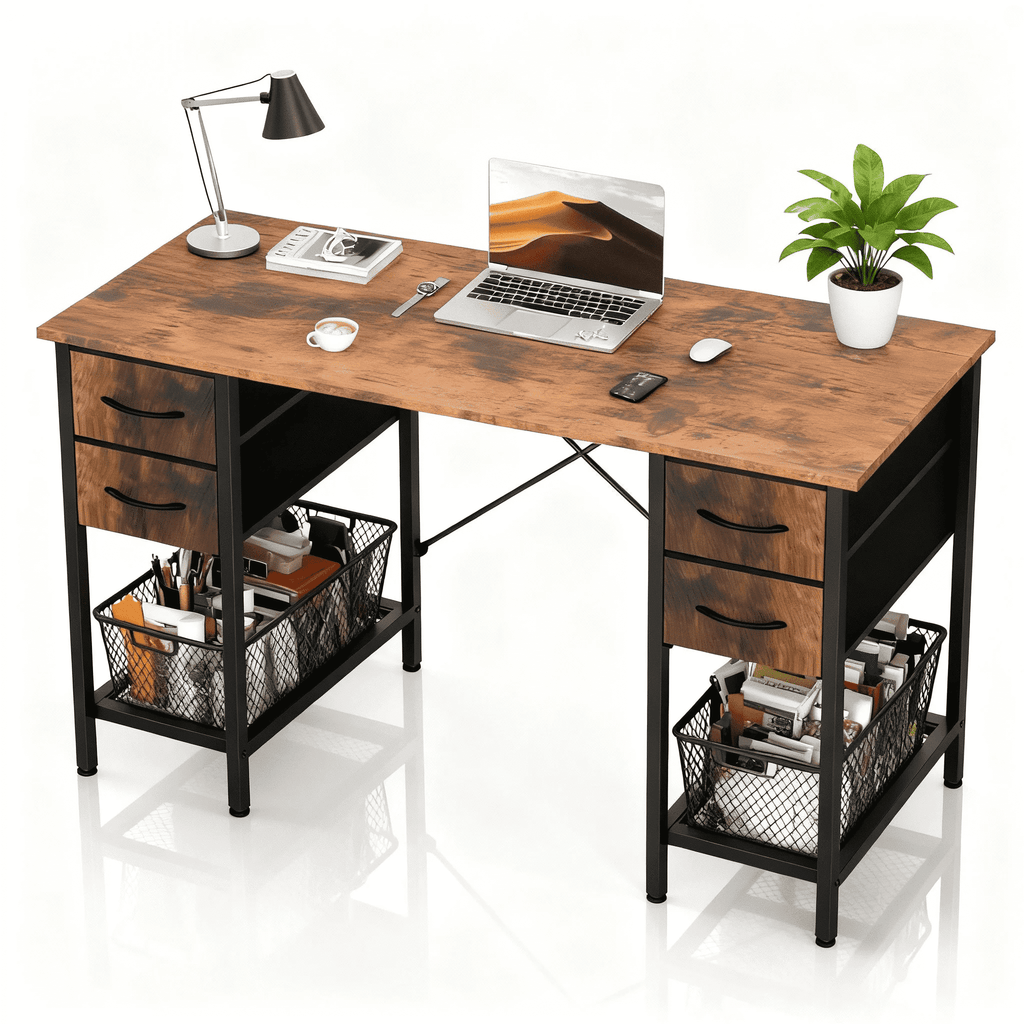 CONCETTA 55 Inch Computer Desk with 4 Drawers &amp; Mesh Shelf, Large Desktop,Storage Desk for Home Office, Gaming &amp; Study, Flexible Setup, Rustic Brown