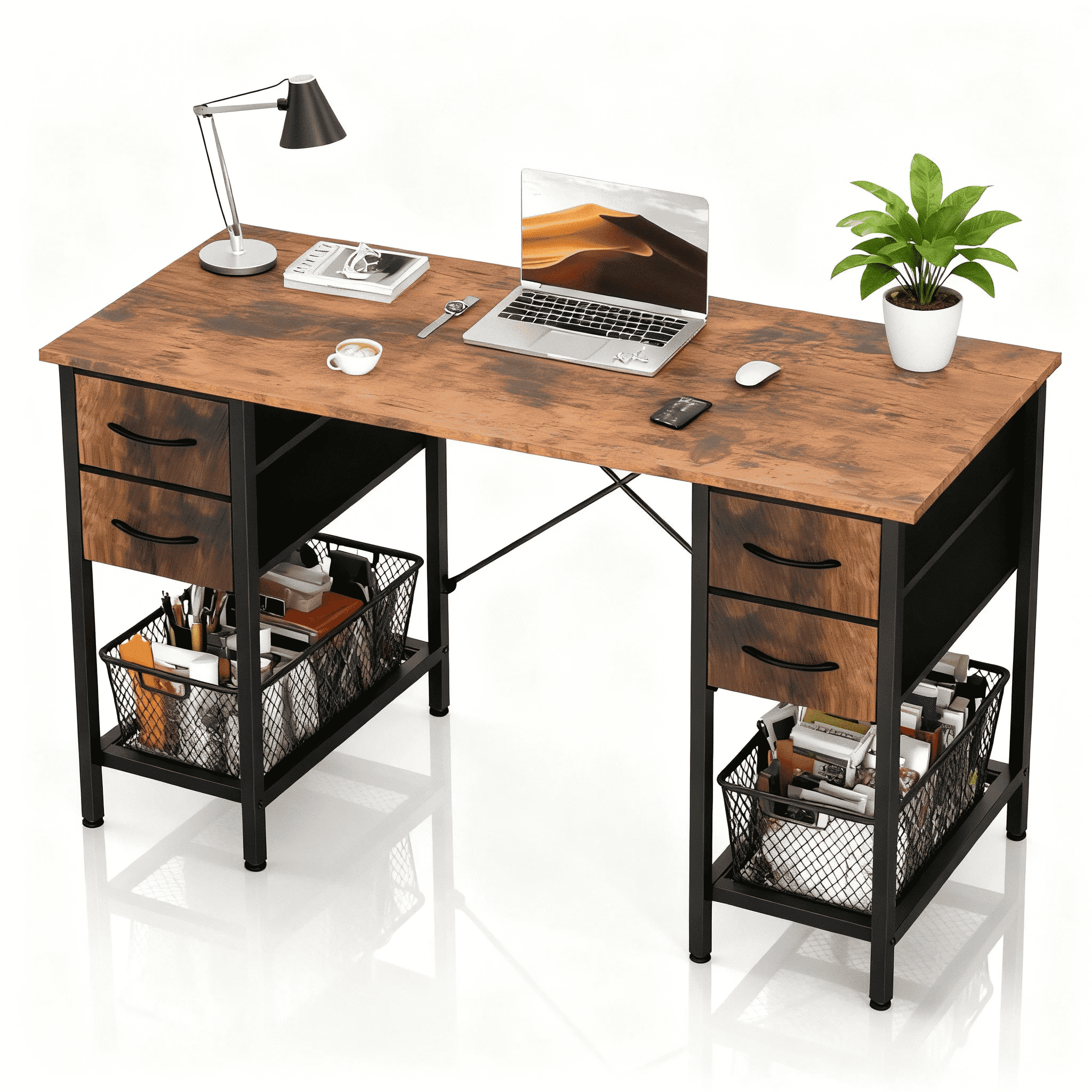 CONCETTA 55 Inch Computer Desk with 4 Drawers &amp; Mesh Shelf, Large Desktop,Storage Desk for Home Office, Gaming &amp; Study, Flexible Setup, Rustic Brown