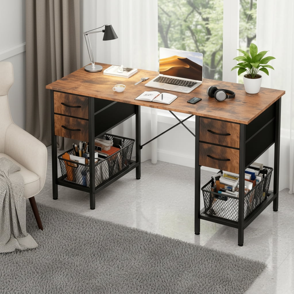 CONCETTA 55 Inch Computer Desk with 4 Drawers &amp; Mesh Shelf, Large Desktop,Storage Desk for Home Office, Gaming &amp; Study, Flexible Setup, Rustic Brown