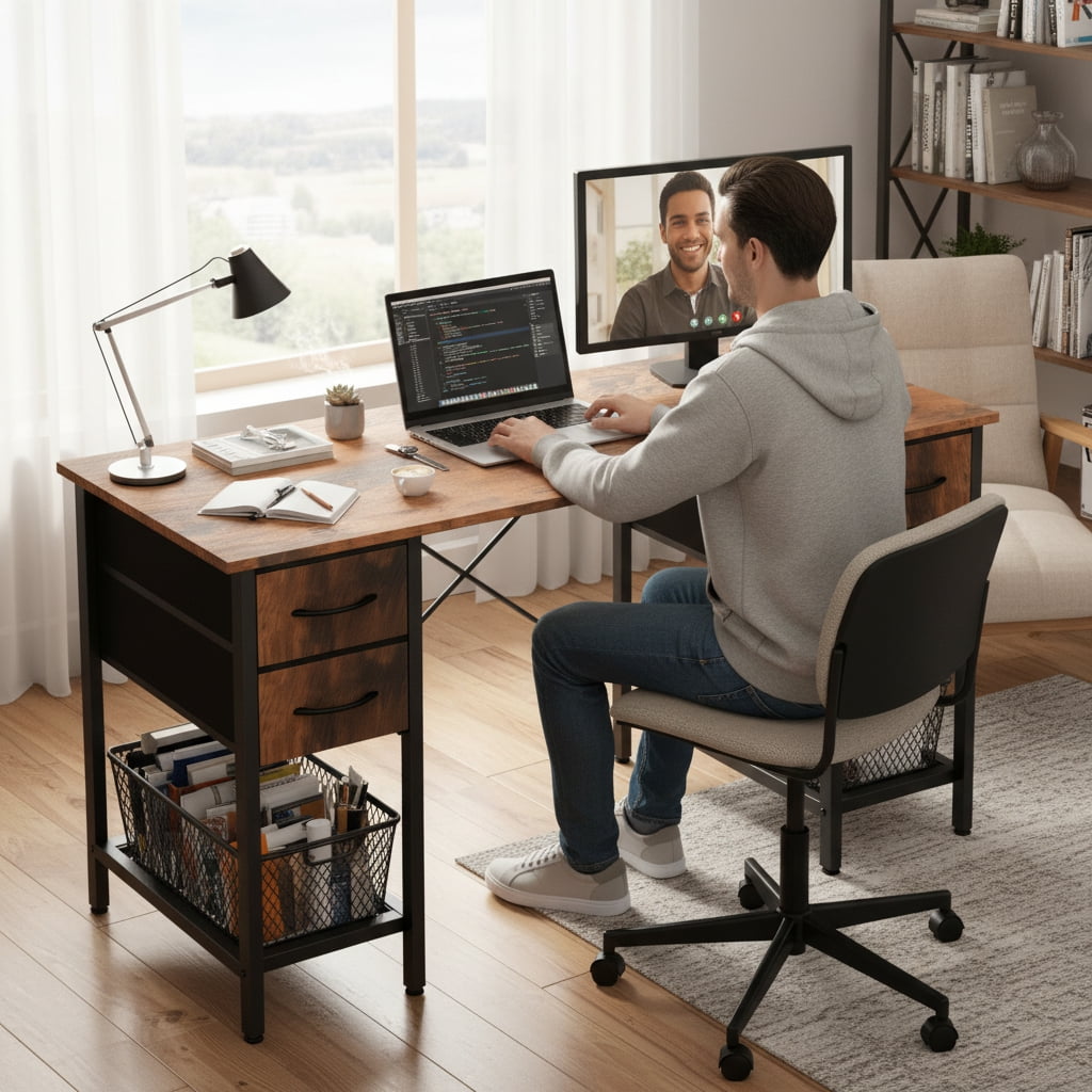 CONCETTA 55 Inch Computer Desk with 4 Drawers &amp; Mesh Shelf, Large Desktop,Storage Desk for Home Office, Gaming &amp; Study, Flexible Setup, Rustic Brown