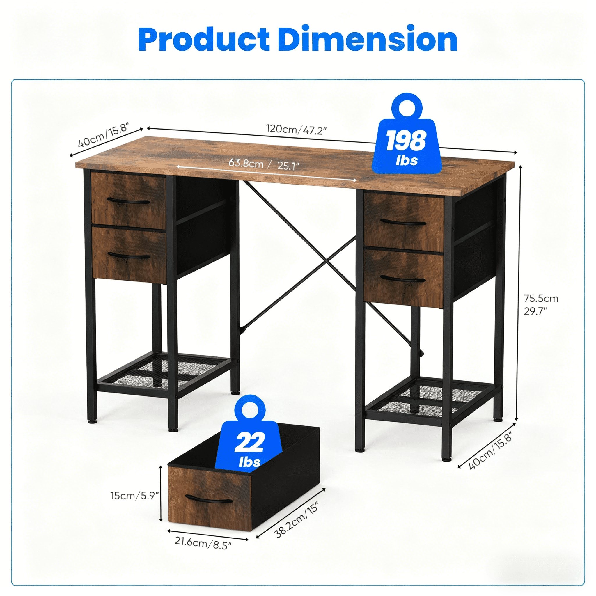 CONCETTA 55 Inch Computer Desk with 4 Drawers &amp; Mesh Shelf, Large Desktop,Storage Desk for Home Office, Gaming &amp; Study, Flexible Setup, Rustic Brown