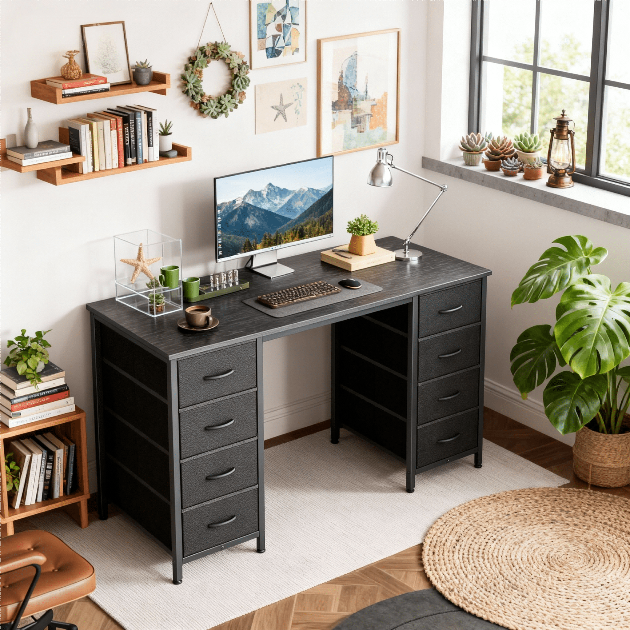 CONCETTA 55 Inch Computer Desk with 4 Drawers &amp; Mesh Shelf, Large Desktop,Storage Desk for Home Office, Gaming &amp; Study, Flexible Setup, Rustic Brown