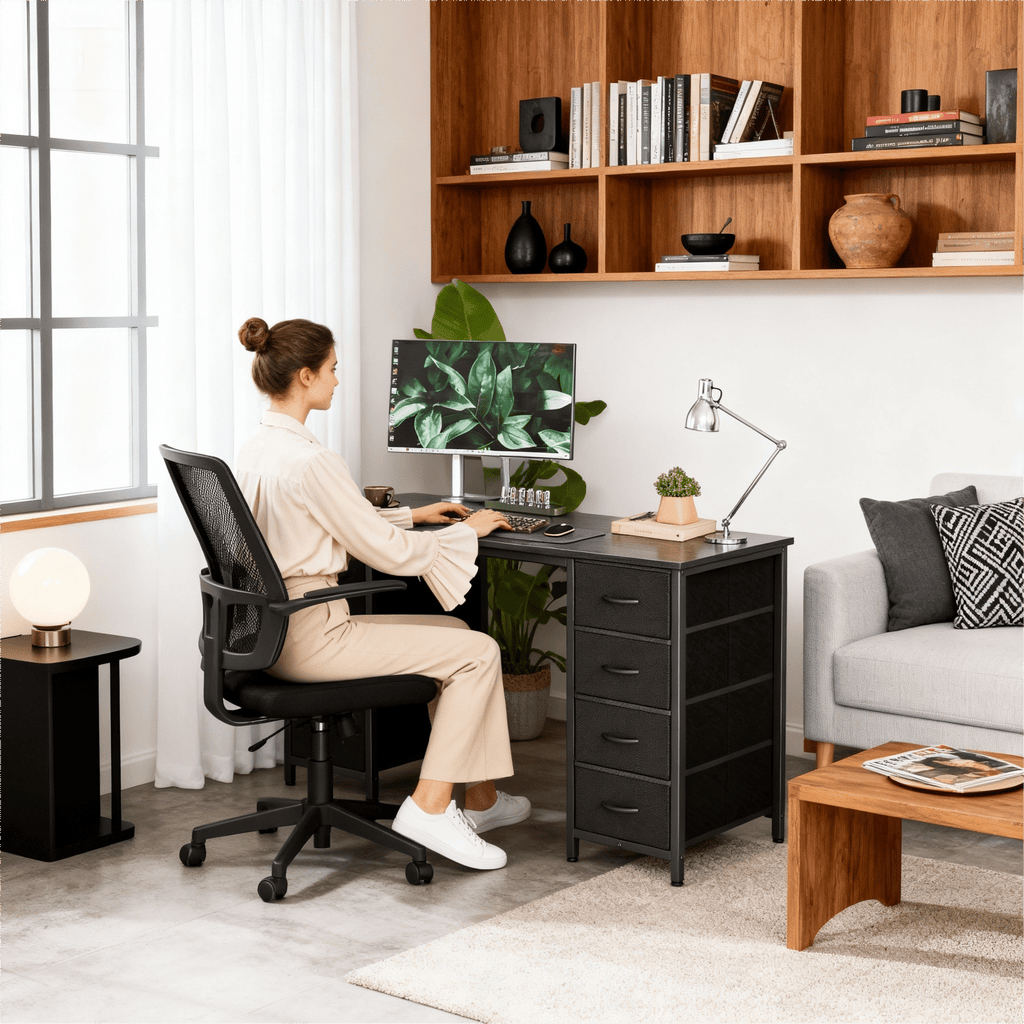 CONCETTA 55 Inch Computer Desk with 4 Drawers &amp; Mesh Shelf, Large Desktop,Storage Desk for Home Office, Gaming &amp; Study, Flexible Setup, Rustic Brown