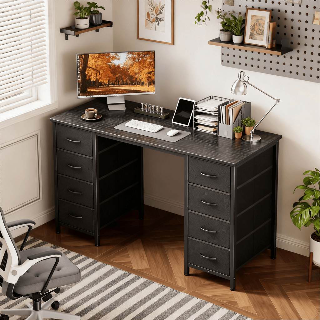 CONCETTA 55 Inch Computer Desk with 4 Drawers &amp; Mesh Shelf, Large Desktop,Storage Desk for Home Office, Gaming &amp; Study, Flexible Setup, Rustic Brown