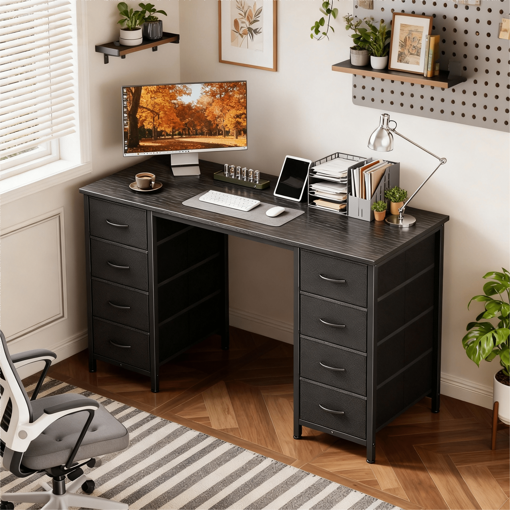 CONCETTA 55 Inch Computer Desk with 4 Drawers &amp; Mesh Shelf, Large Desktop,Storage Desk for Home Office, Gaming &amp; Study, Flexible Setup, Rustic Brown