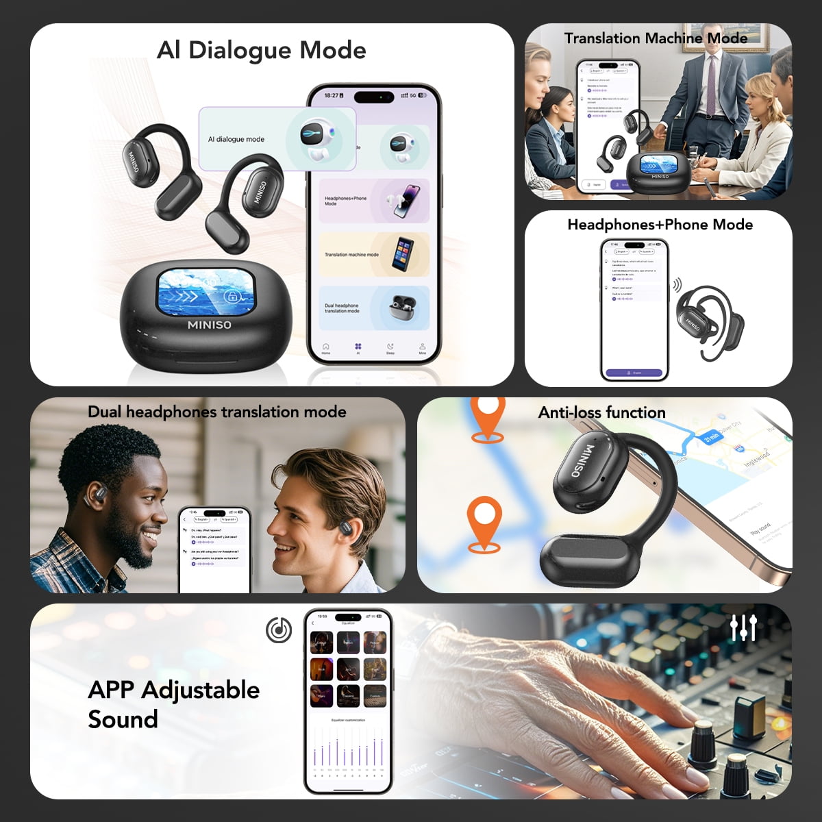 X30 AI Translator Bluetooth 5.4 Open Ear Earbuds, 130+ Languages, Noise-Cancelling, 55H Playtime, IPX5 Waterproof, LED Touch Screen