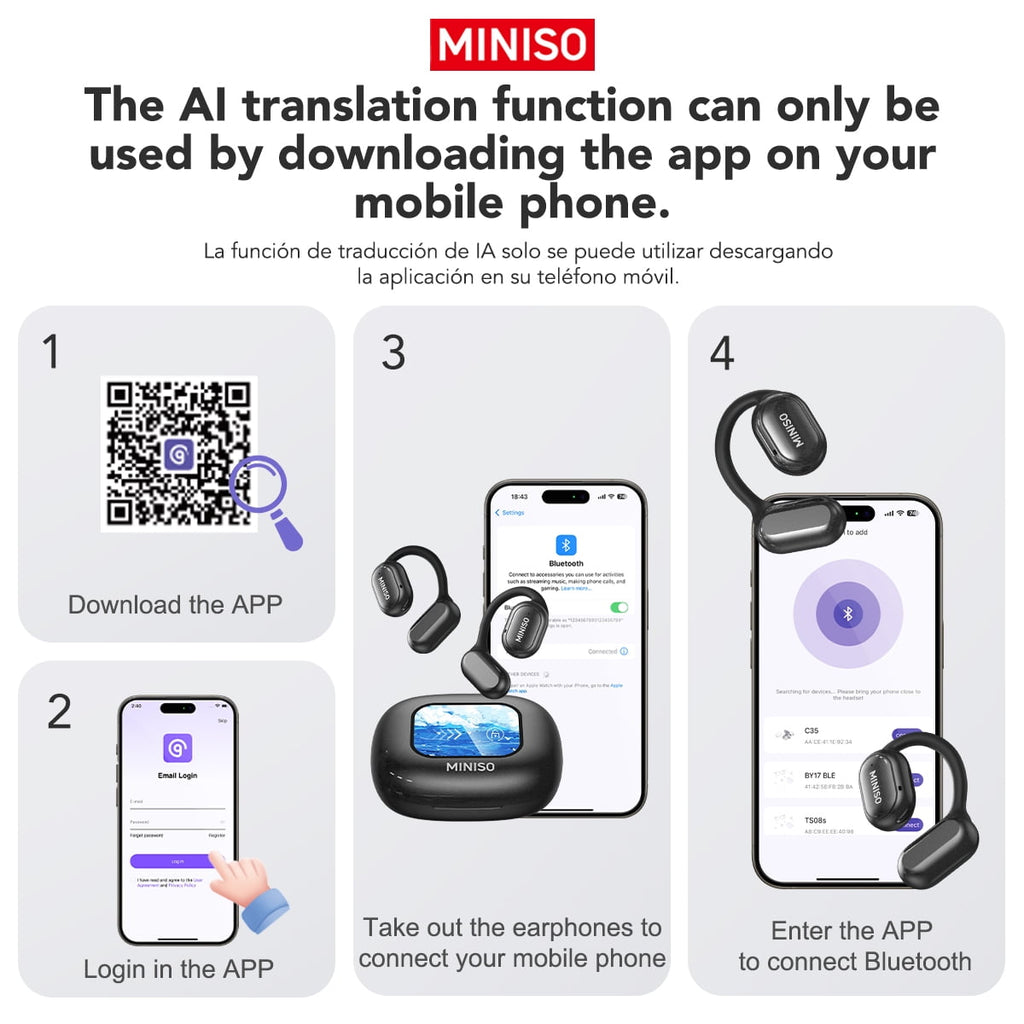 X30 AI Translator Bluetooth 5.4 Open Ear Earbuds, 130+ Languages, Noise-Cancelling, 55H Playtime, IPX5 Waterproof, LED Touch Screen