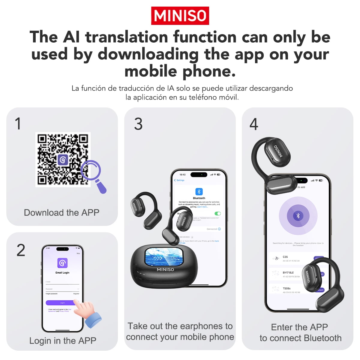 X30 AI Translator Bluetooth 5.4 Open Ear Earbuds, 130+ Languages, Noise-Cancelling, 55H Playtime, IPX5 Waterproof, LED Touch Screen