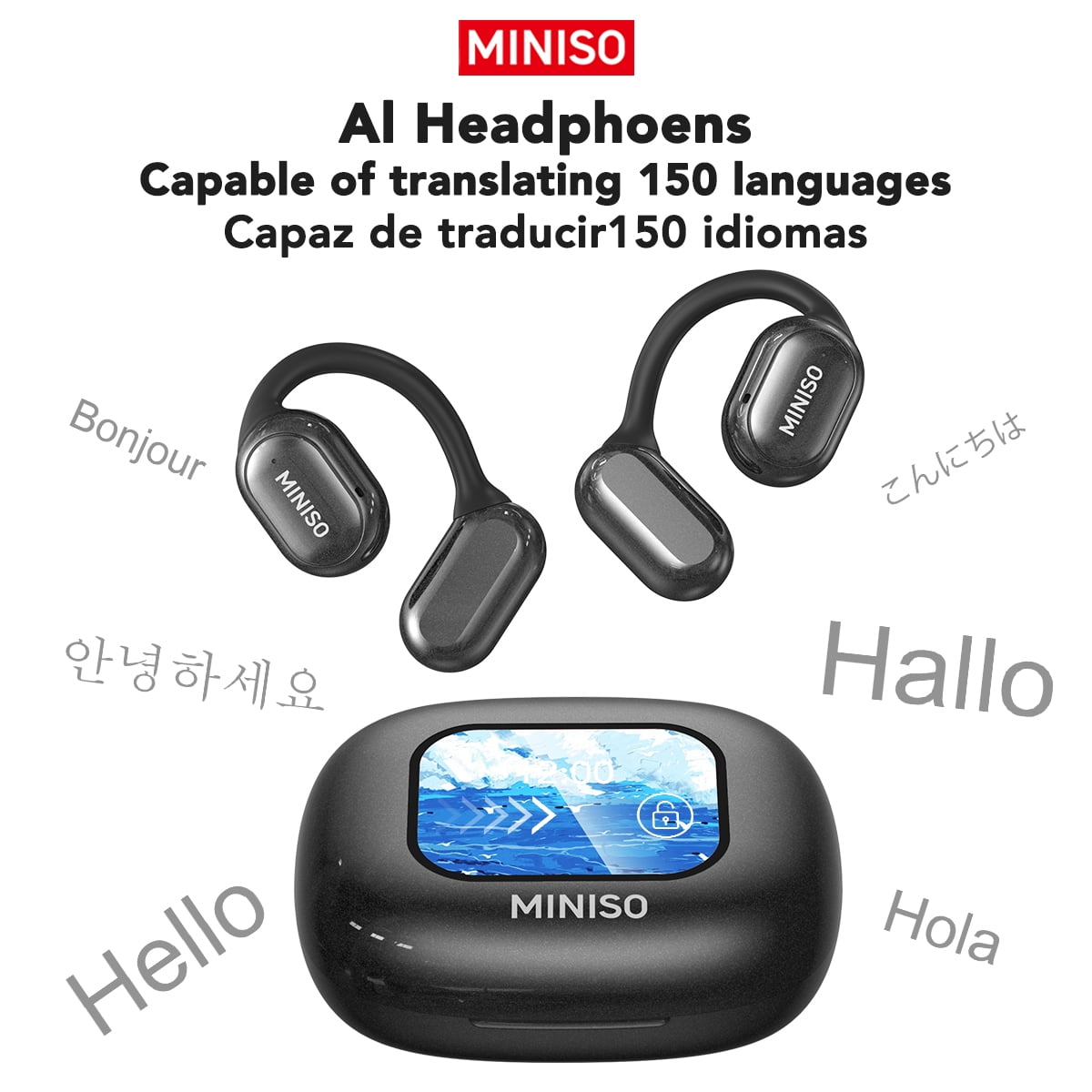 X30 AI Translator Bluetooth 5.4 Open Ear Earbuds, 130+ Languages, Noise-Cancelling, 55H Playtime, IPX5 Waterproof, LED Touch Screen