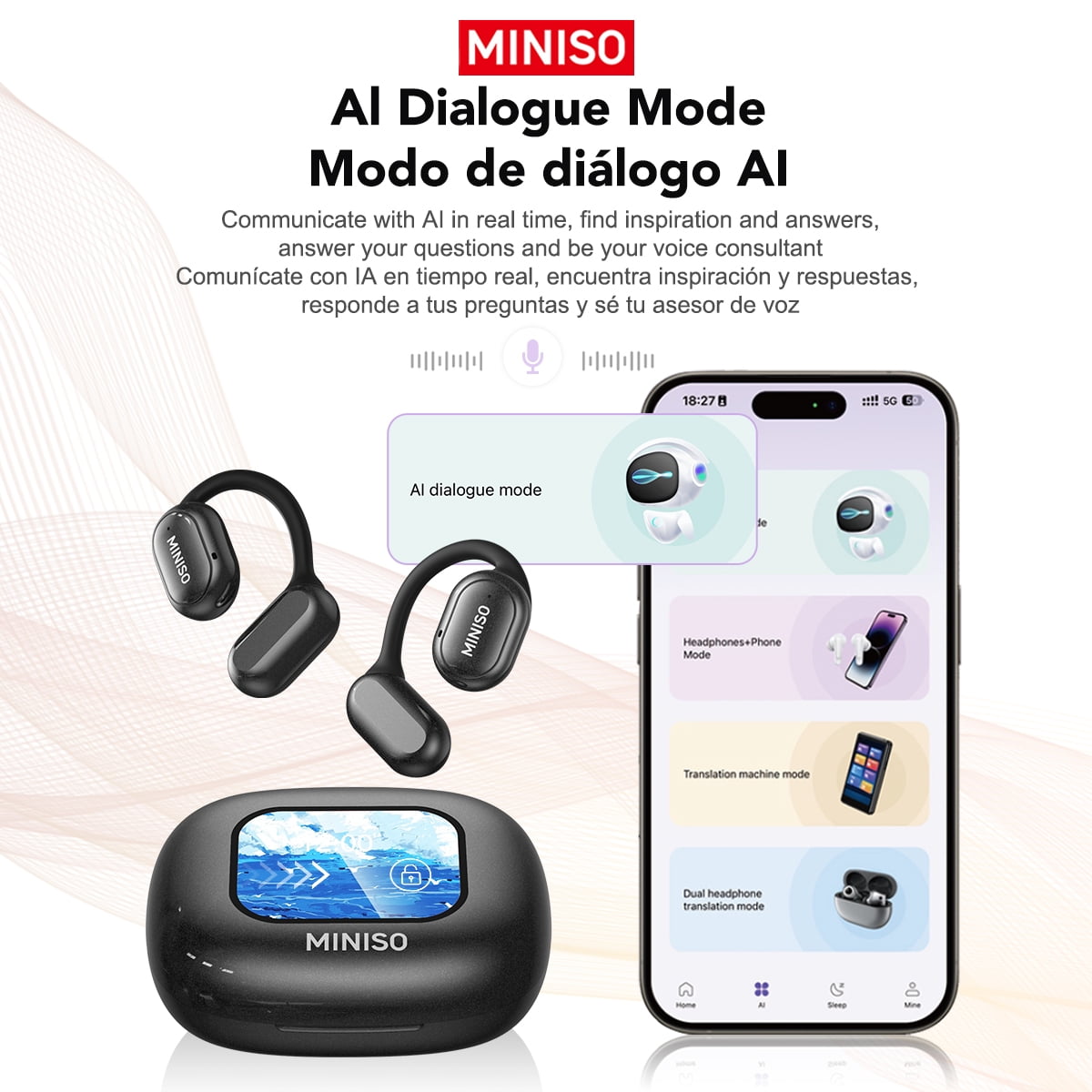X30 AI Translator Bluetooth 5.4 Open Ear Earbuds, 130+ Languages, Noise-Cancelling, 55H Playtime, IPX5 Waterproof, LED Touch Screen