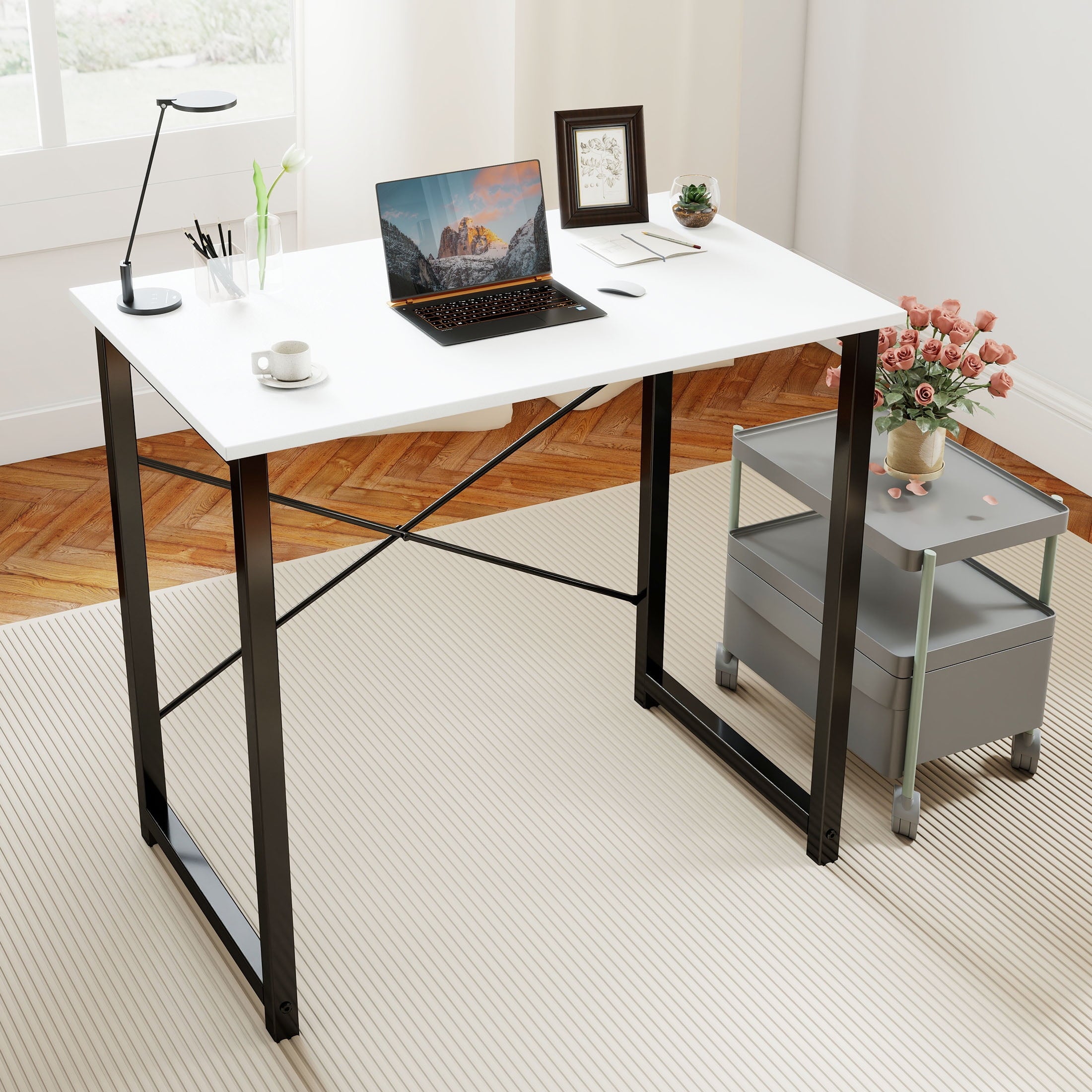 ZUNMOS Modern Sturdy Desk with Storage Bag and Iron Hook, Black