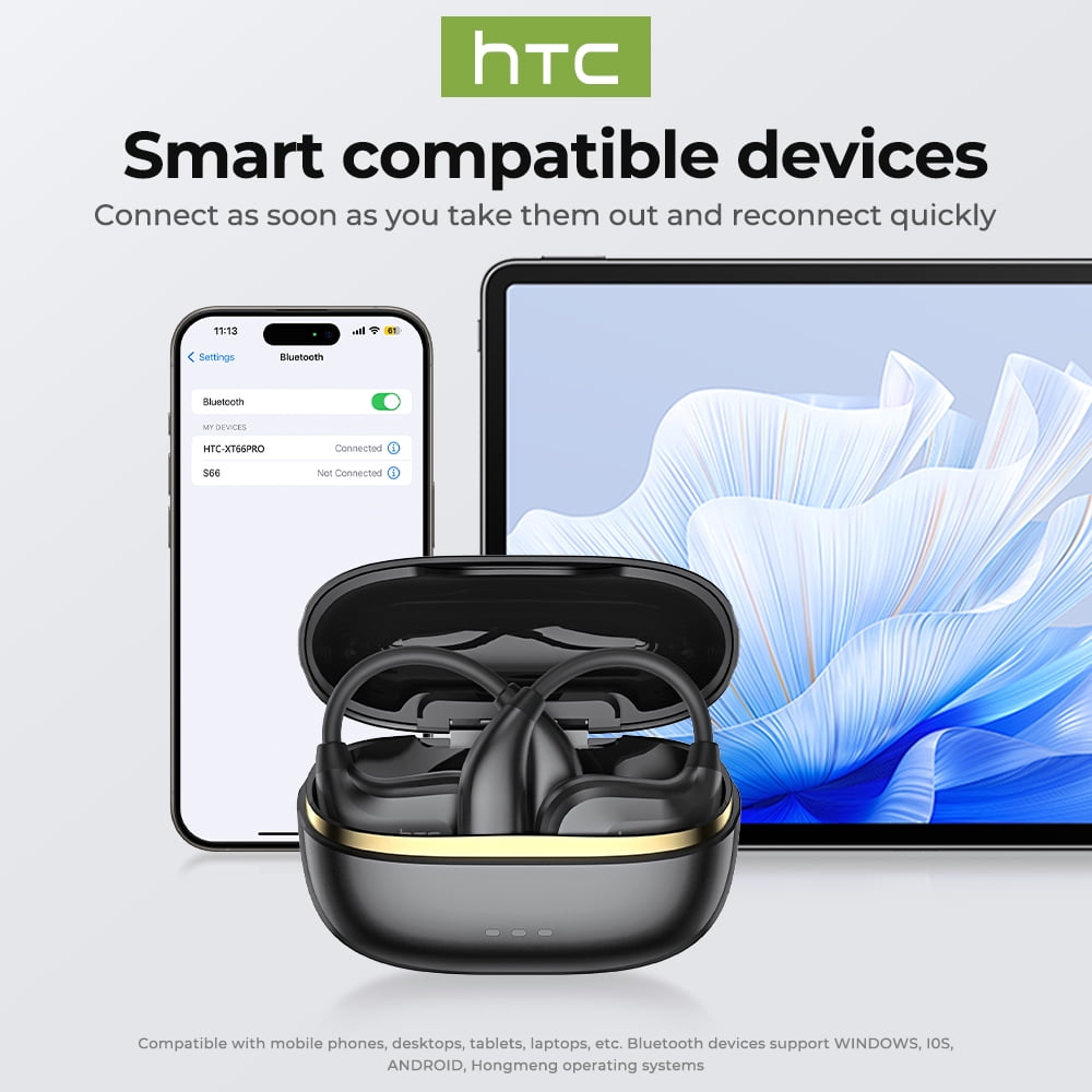 NE18 Bluetooth 5.4 Open-Ear Earbuds, AI Translator, Noise-Cancelling, 130+ Languages, 24H Playtime, IPX5 Waterproof, Black + Earbud Case