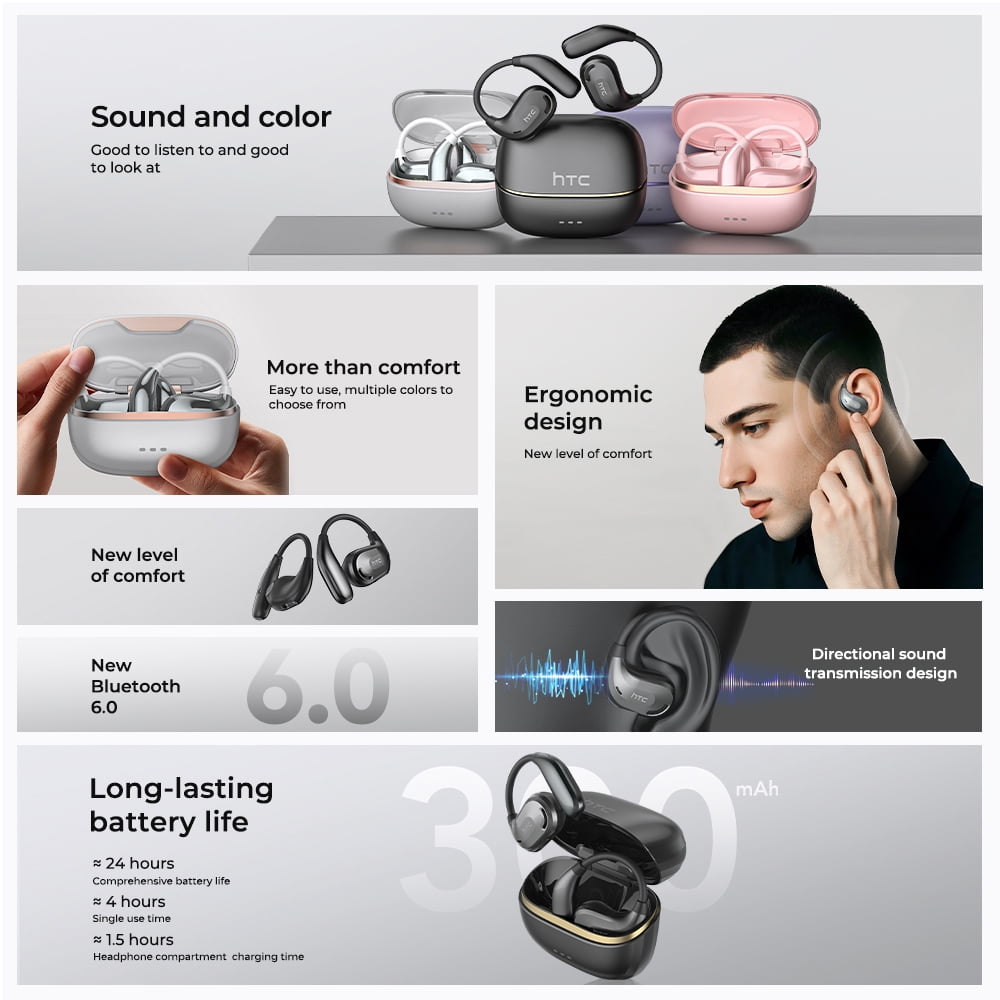 NE18 Bluetooth 5.4 Open-Ear Earbuds, AI Translator, Noise-Cancelling, 130+ Languages, 24H Playtime, IPX5 Waterproof, Black + Earbud Case