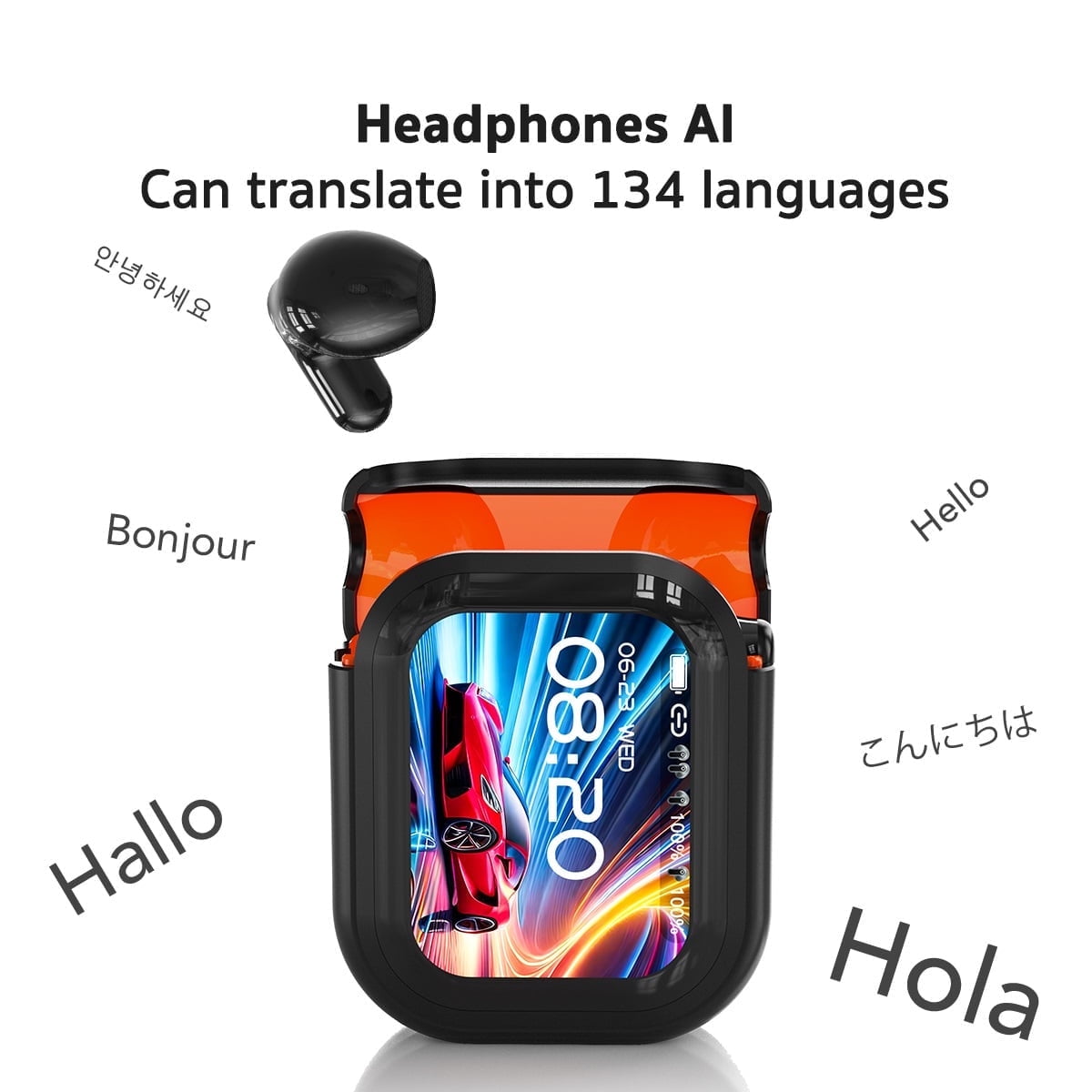 NE20 Wireless Bluetooth 6.0 In-Ear Earbuds, AI Translator, Noise-Cancelling Headphones, LED Touch Screen, 130+ Languages, 24H,Black