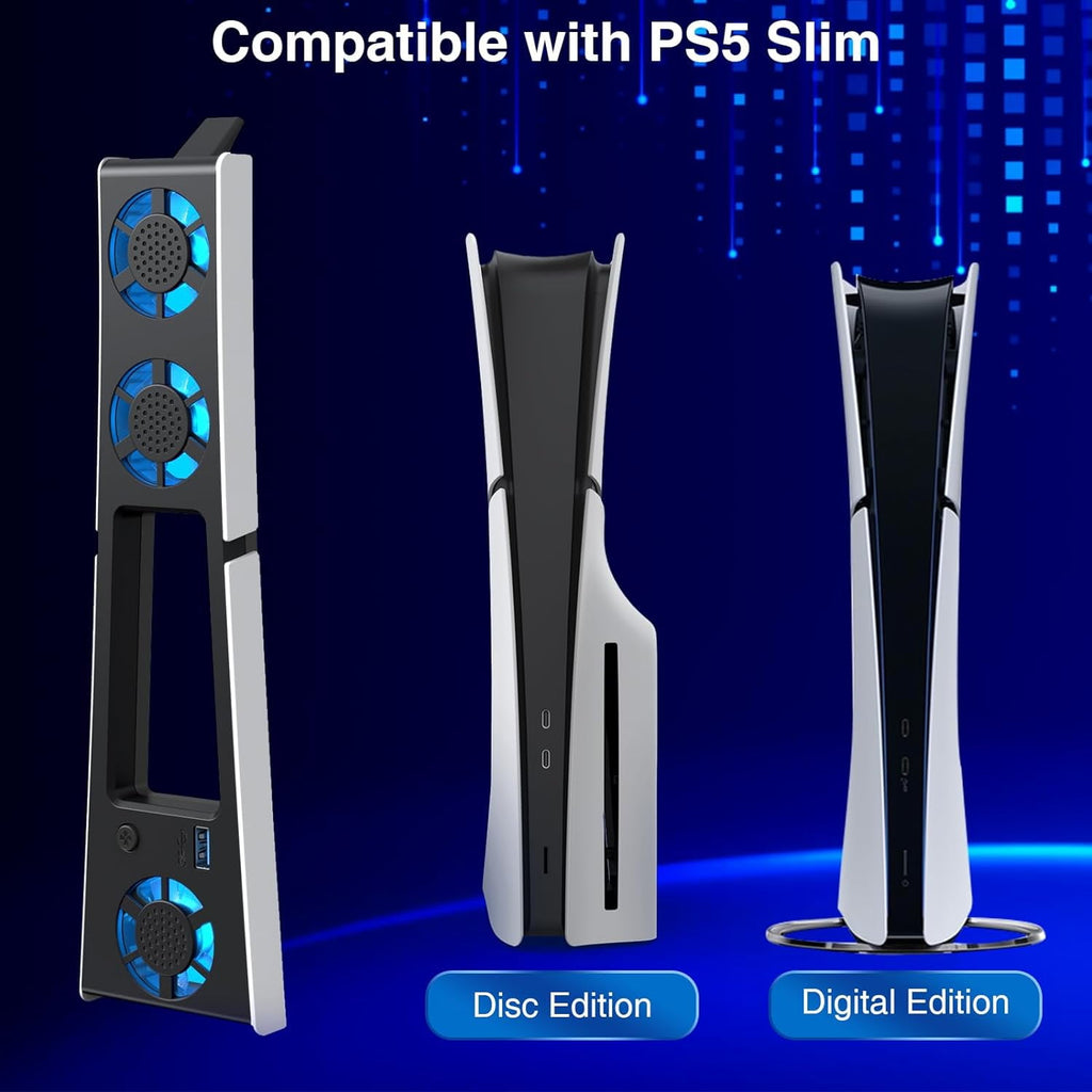 Cooling Fan for PS5 Slim Console, Quiet Cooling System with Memory Function and LED Light, Cooler Accessories with 3 High-Speed Fans &amp; USB 3.0 Port for New PlayStation 5 Slim