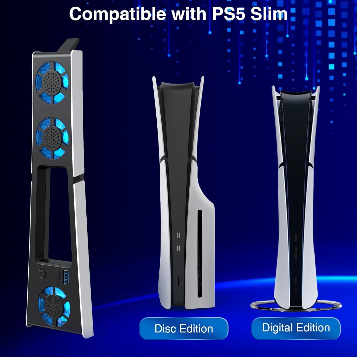 Cooling Fan for PS5 Slim Console, Quiet Cooling System with Memory Function and LED Light, Cooler Accessories with 3 High-Speed Fans &amp; USB 3.0 Port for New PlayStation 5 Slim