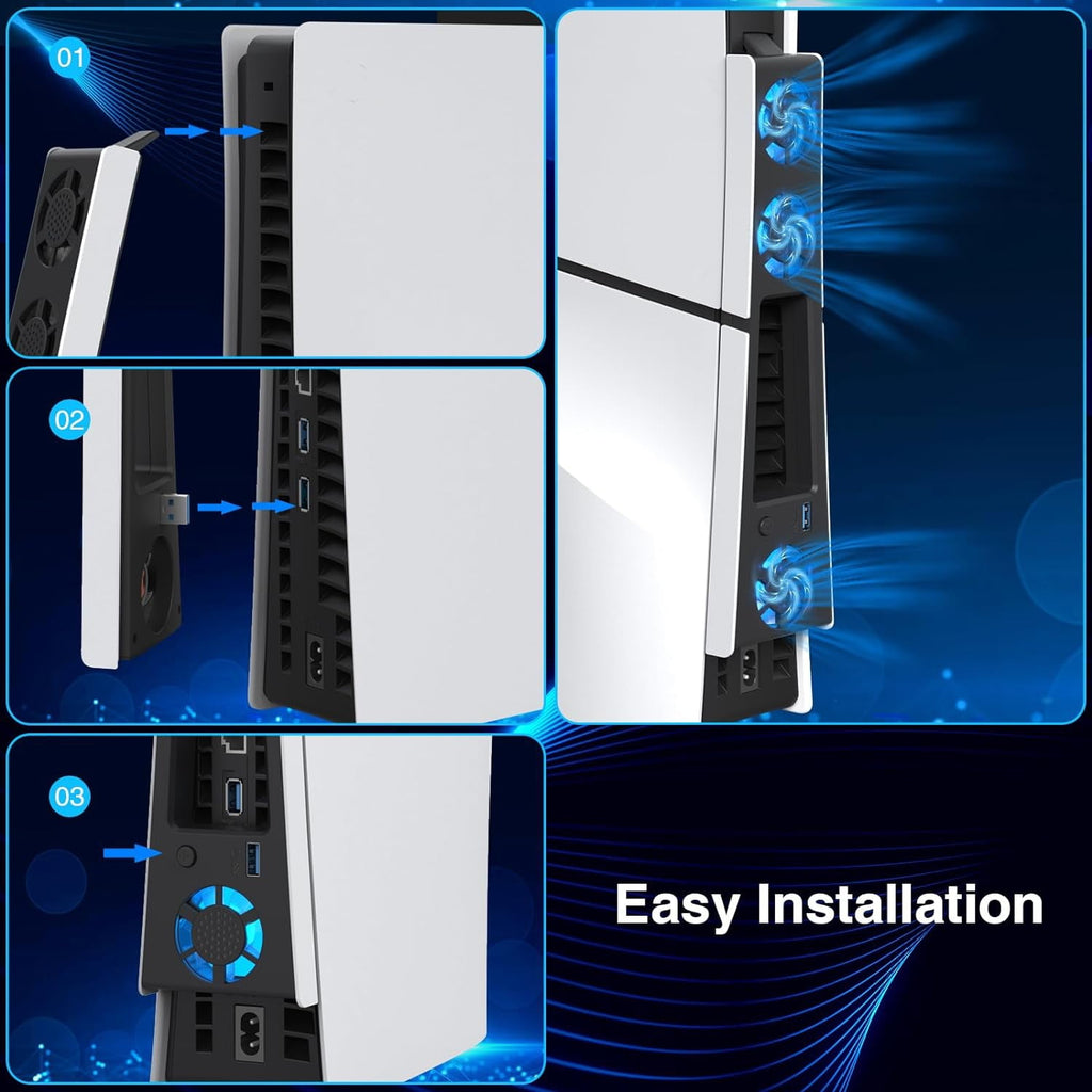 Cooling Fan for PS5 Slim Console, Quiet Cooling System with Memory Function and LED Light, Cooler Accessories with 3 High-Speed Fans &amp; USB 3.0 Port for New PlayStation 5 Slim