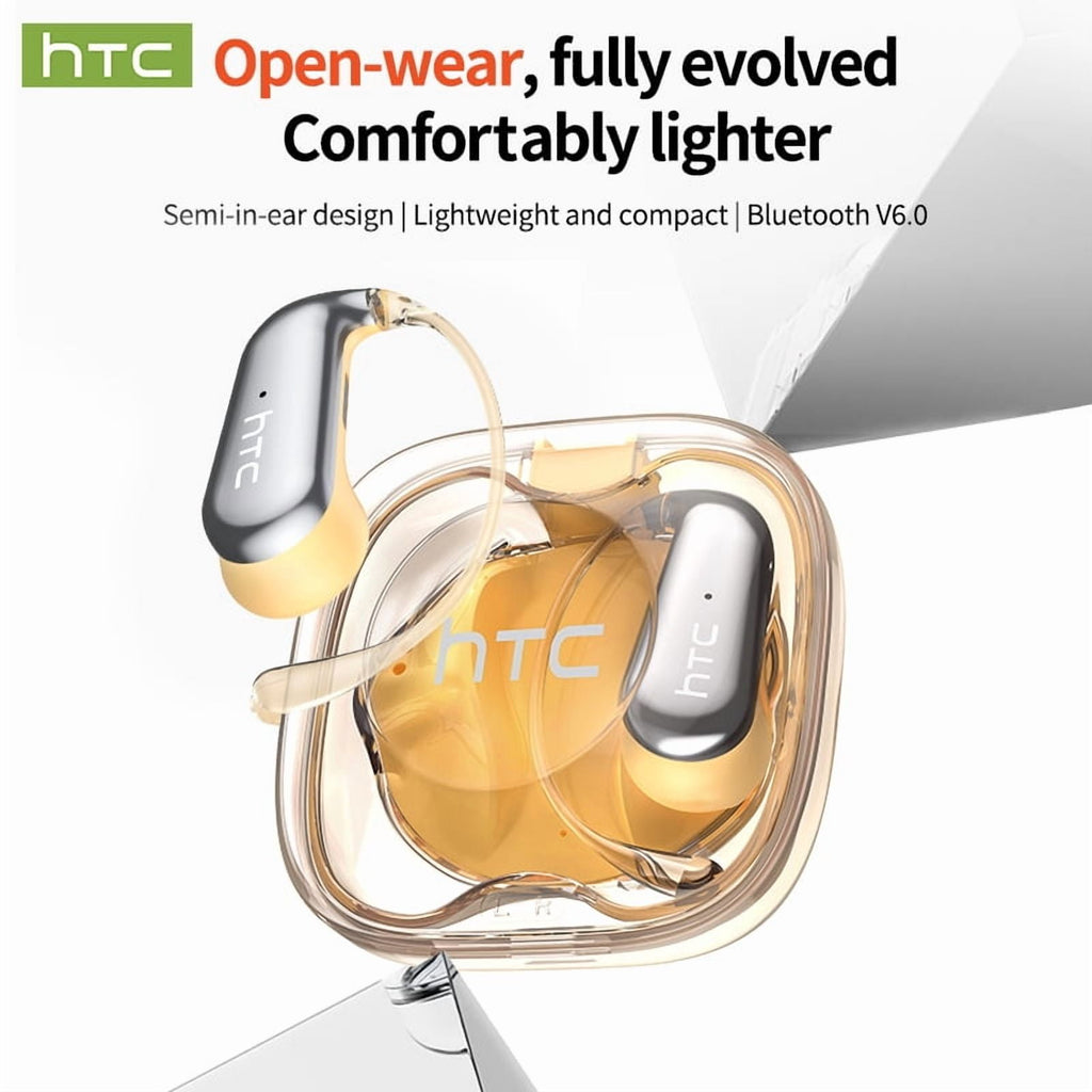 HTC NE38 Bluetooth 6.0 Open-Ear Earbuds, AI Translator, Noise-Cancelling, 130+ Languages, 40H Playtime, IPX5 Waterproof, Orange+Earbud Case