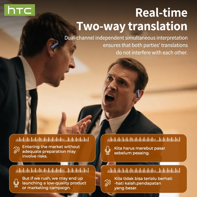 HTC NE38 Bluetooth 6.0 Open-Ear Earbuds, AI Translator, Noise-Cancelling, 130+ Languages, 40H Playtime, IPX5 Waterproof, Orange+Earbud Case