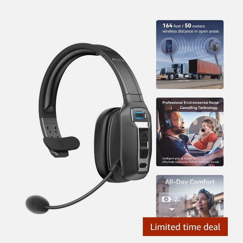 Truck Driver Bluetooth Headset with 270° Adjustable Microphone, AI Noise Cancellation &amp; Mute Button, Supports Hands-Free Calls, for Home/Office/Call Centers (Black)