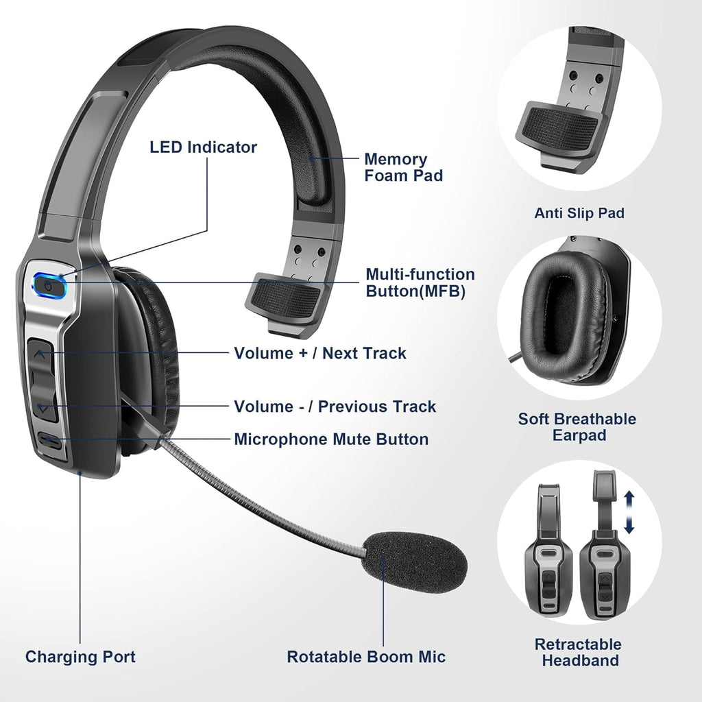 Truck Driver Bluetooth Headset with 270° Adjustable Microphone, AI Noise Cancellation &amp; Mute Button, Supports Hands-Free Calls, for Home/Office/Call Centers (Black)