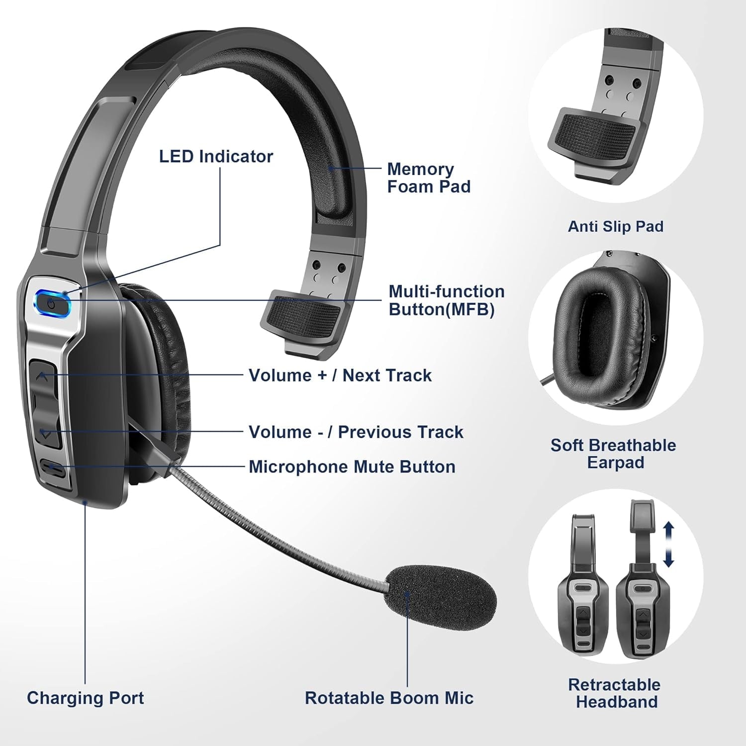 Truck Driver Bluetooth Headset with 270° Adjustable Microphone, AI Noise Cancellation &amp; Mute Button, Supports Hands-Free Calls, for Home/Office/Call Centers (Black)
