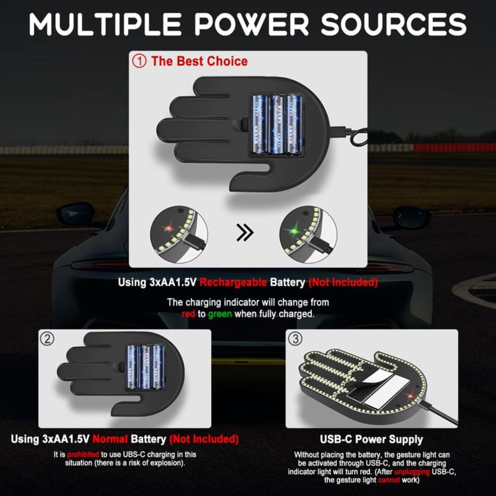 Wireless control of LED Car Gesture Light with Remote Control, Recyclable &amp; Rechargeable, Fun Rear Window Sign,Calming Road Rage, Ambient Lighting Kit,3 Modes Adjustable Finger Lights.