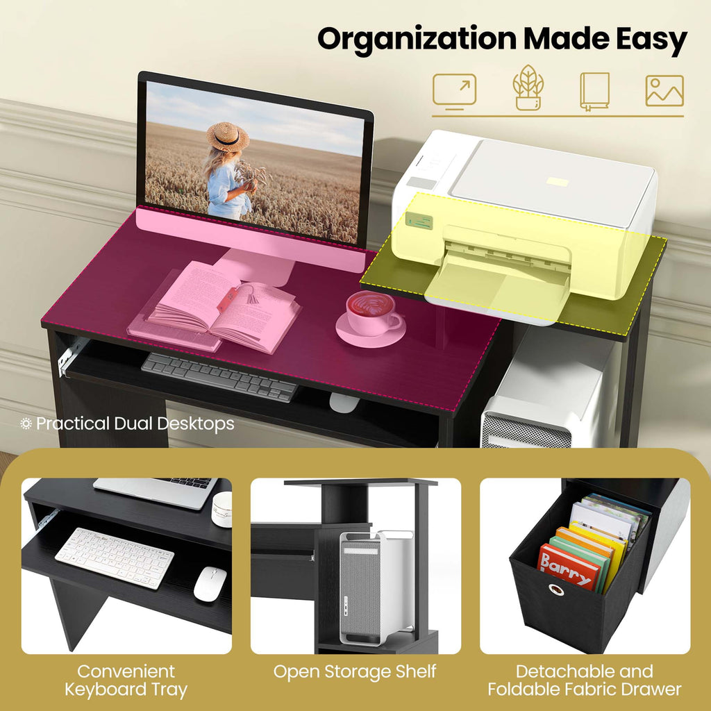 Costway Home Office Computer Desk Space-saving Study Writing Desk with Keyboard Tray White