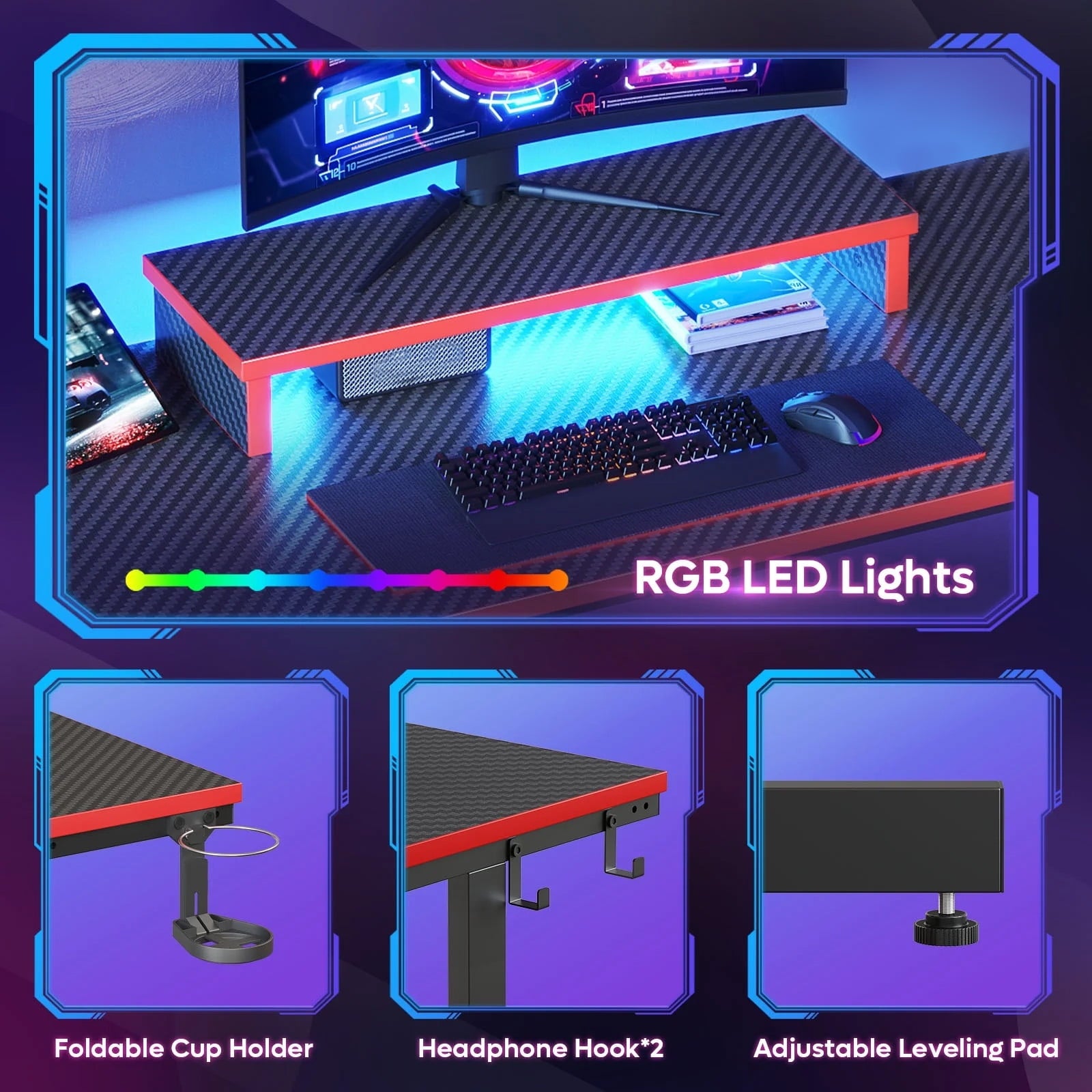Bestier 42" Gaming Desk PC Computer Office Gamer Table Desk with LED Lights &amp; Monitor Stand in Red