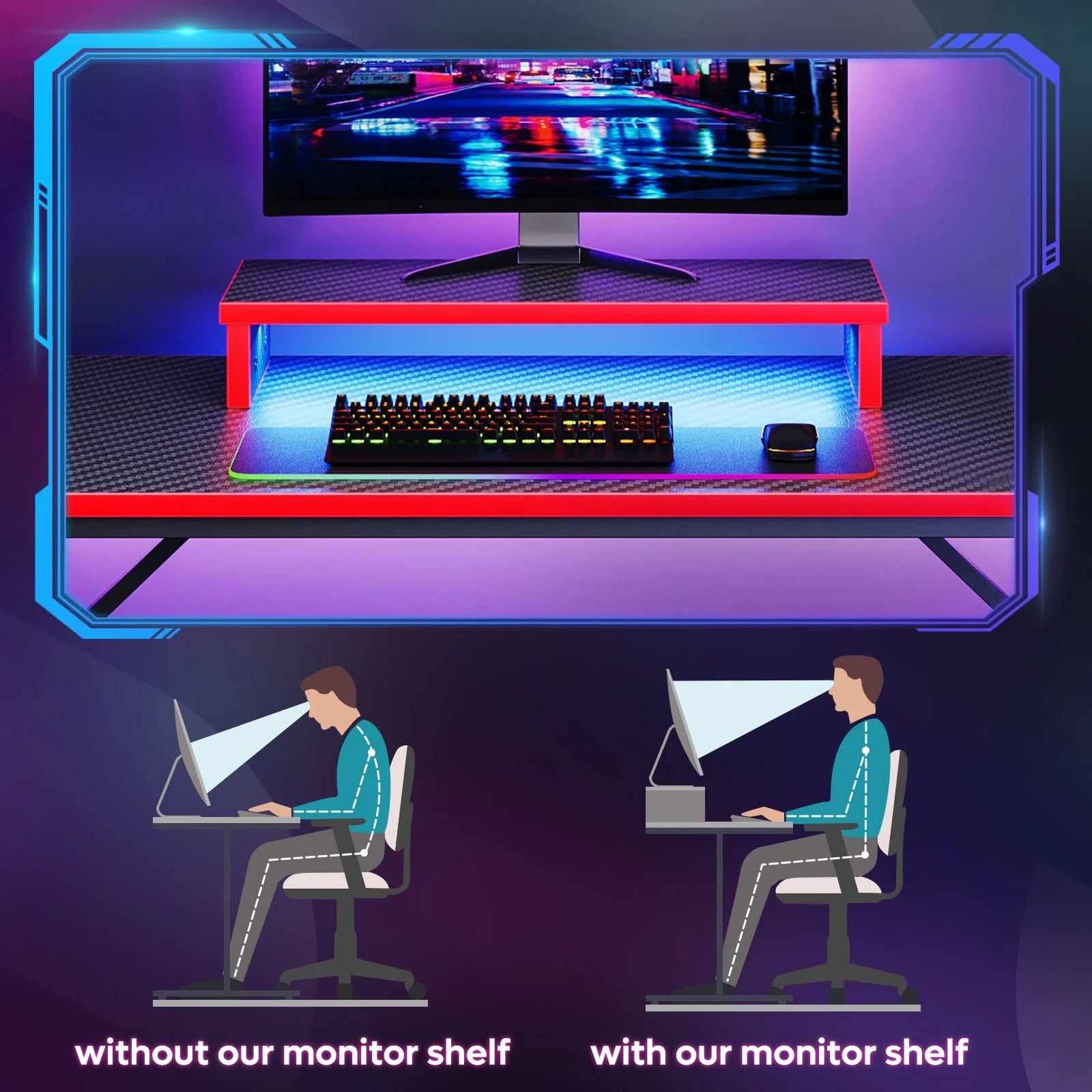 Bestier 42" Gaming Desk PC Computer Office Gamer Table Desk with LED Lights &amp; Monitor Stand in Red