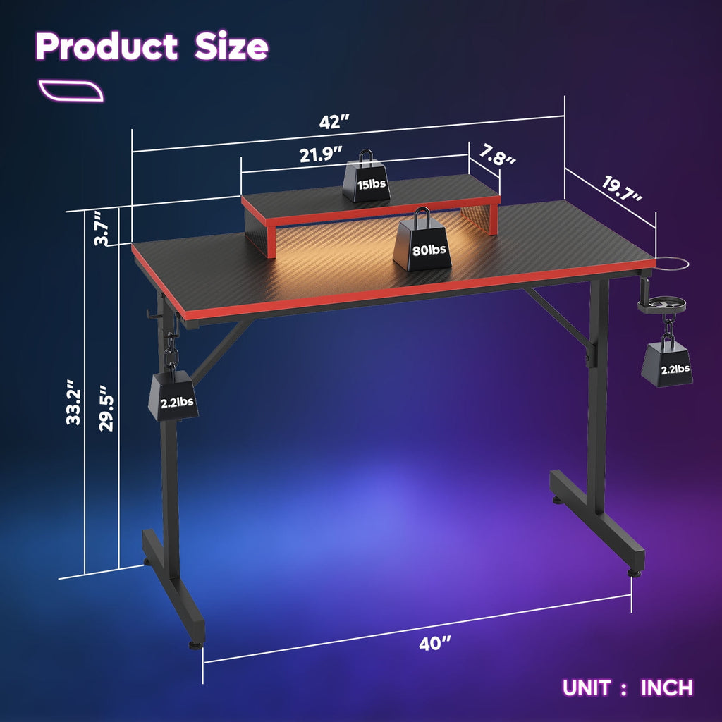 Bestier 42" Gaming Desk PC Computer Office Gamer Table Desk with LED Lights &amp; Monitor Stand in Red