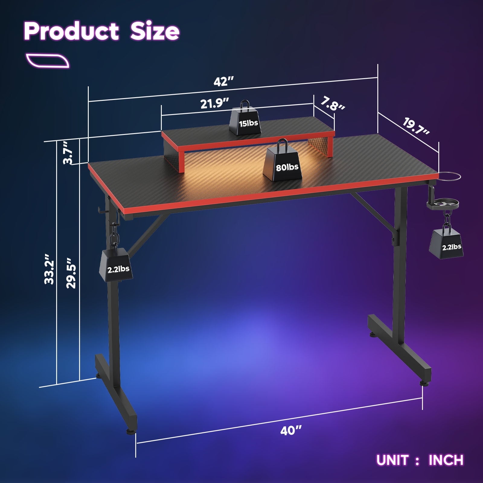 Bestier 42" Gaming Desk PC Computer Office Gamer Table Desk with LED Lights &amp; Monitor Stand in Red