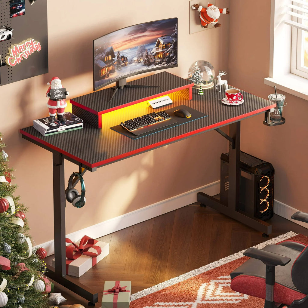 Bestier 42" Gaming Desk PC Computer Office Gamer Table Desk with LED Lights &amp; Monitor Stand in Red