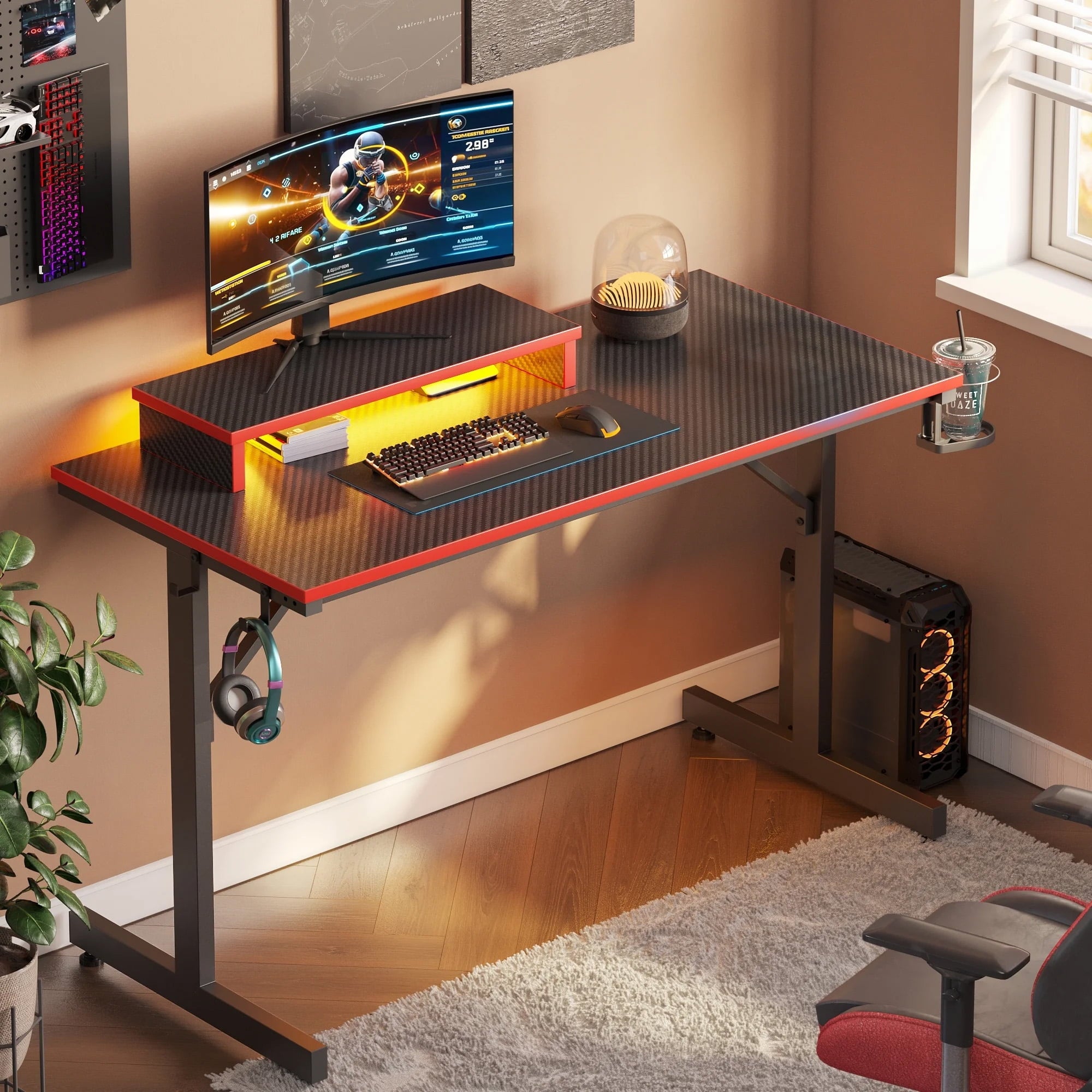 Bestier 42" Gaming Desk PC Computer Office Gamer Table Desk with LED Lights &amp; Monitor Stand in Red