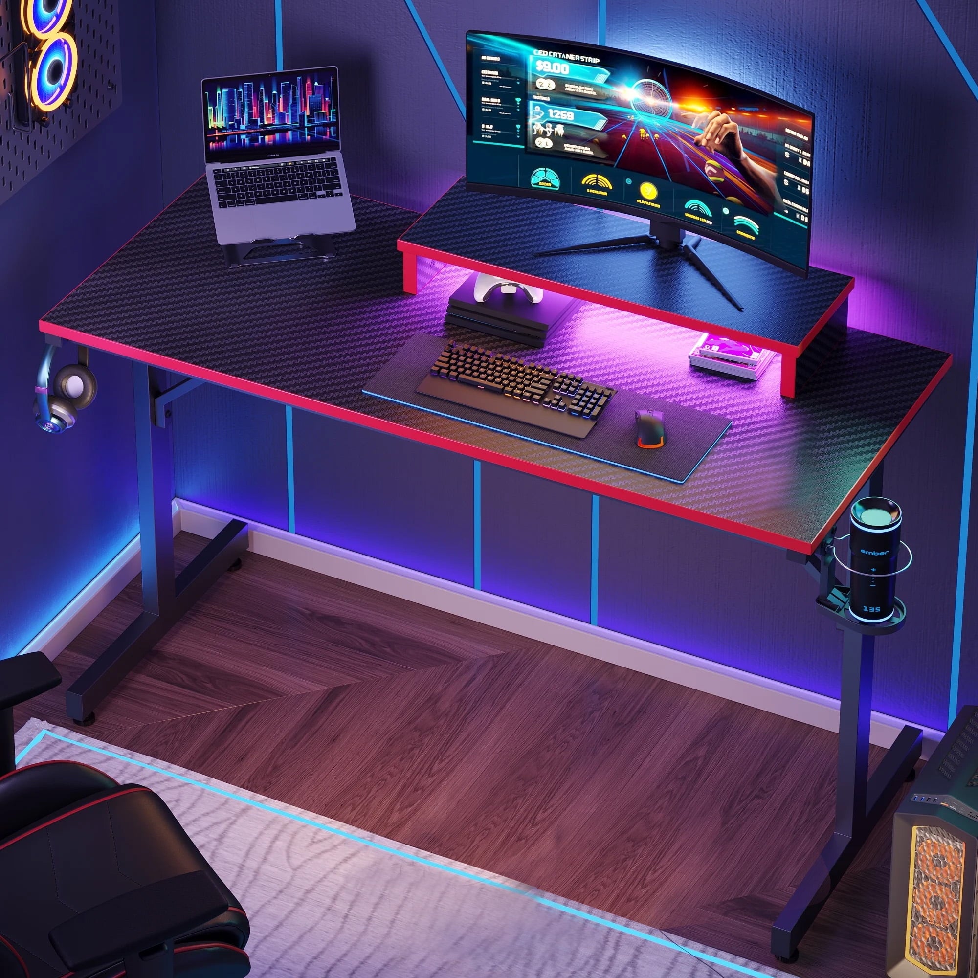 Bestier 42" Gaming Desk PC Computer Office Gamer Table Desk with LED Lights &amp; Monitor Stand in Red