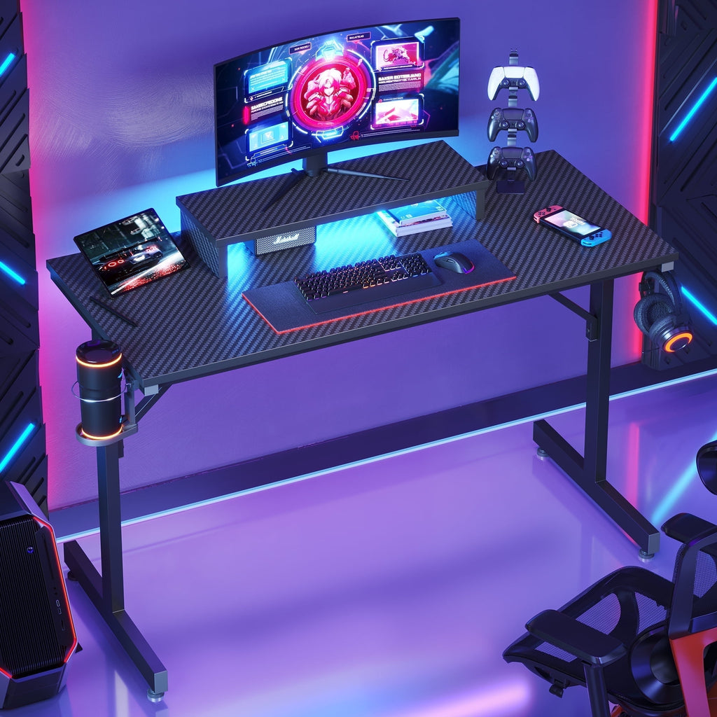 Bestier 42" Gaming Desk PC Computer Office Gamer Table Desk with LED Lights &amp; Monitor Stand in Red