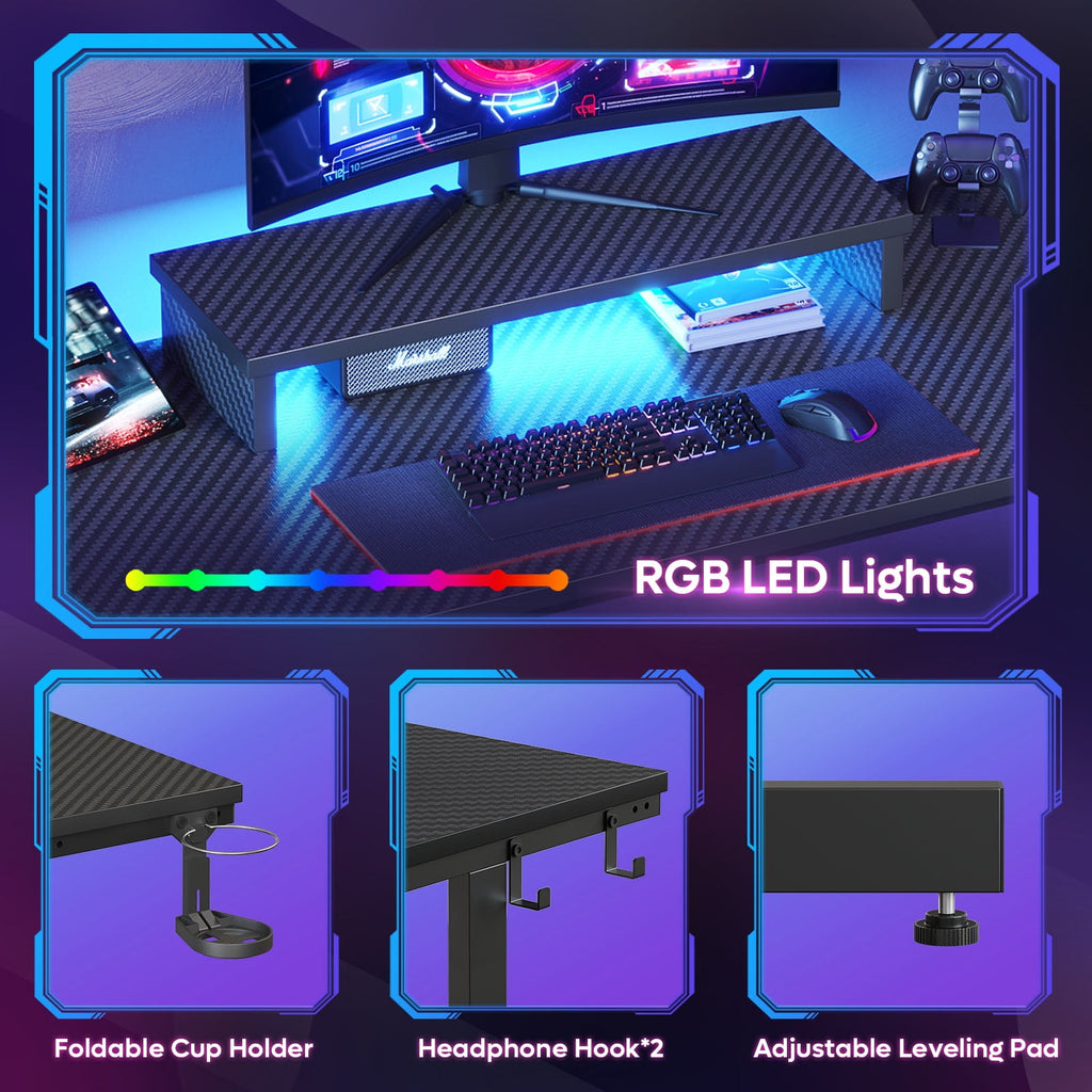 Bestier 42" Gaming Desk PC Computer Office Gamer Table Desk with LED Lights &amp; Monitor Stand in Red
