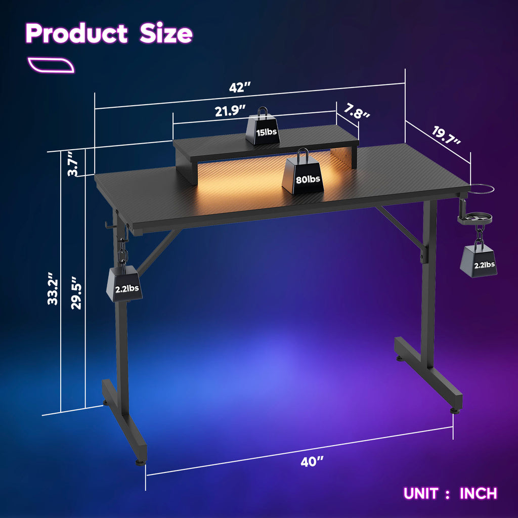Bestier 42" Gaming Desk PC Computer Office Gamer Table Desk with LED Lights &amp; Monitor Stand in Red