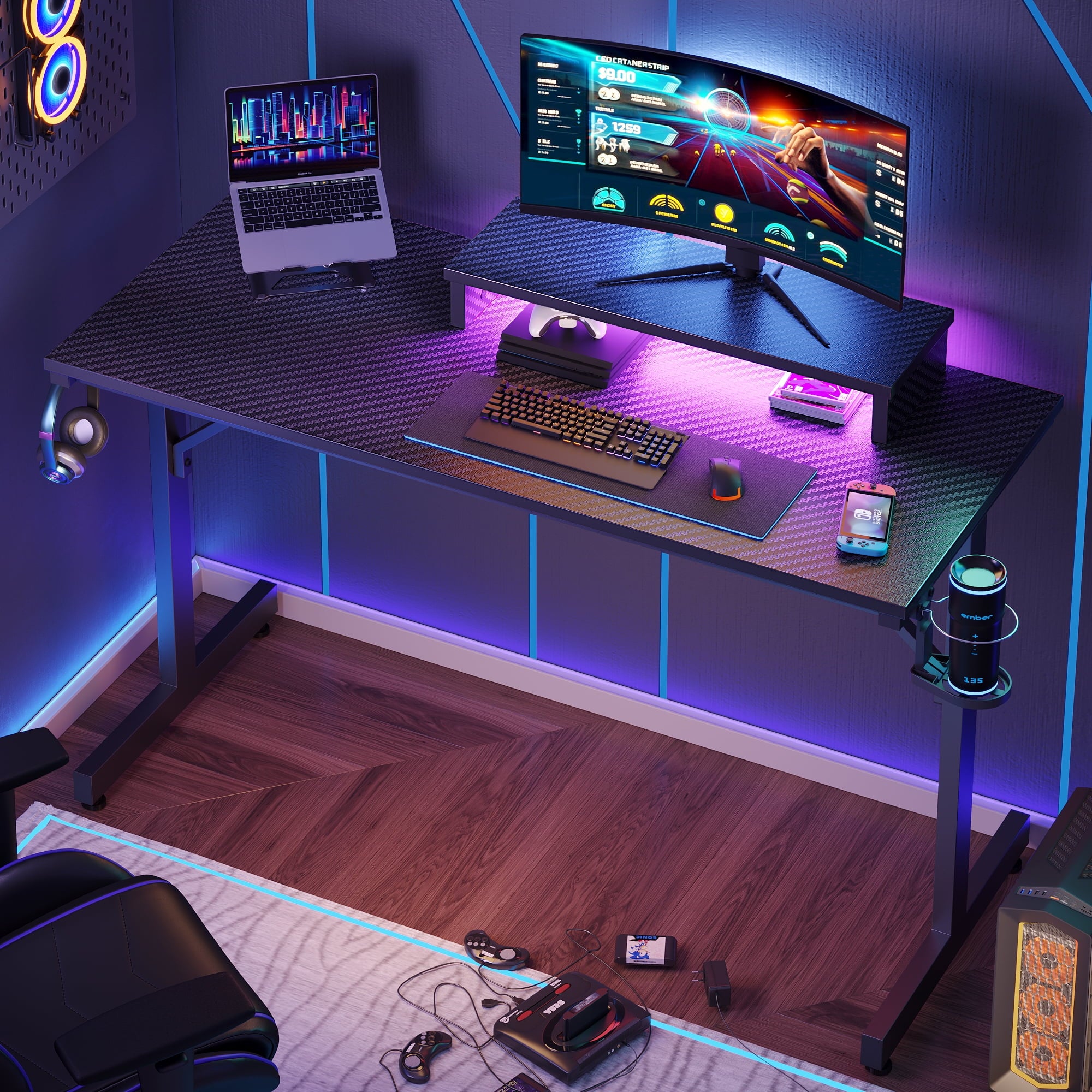 Bestier 42" Gaming Desk PC Computer Office Gamer Table Desk with LED Lights &amp; Monitor Stand in Red