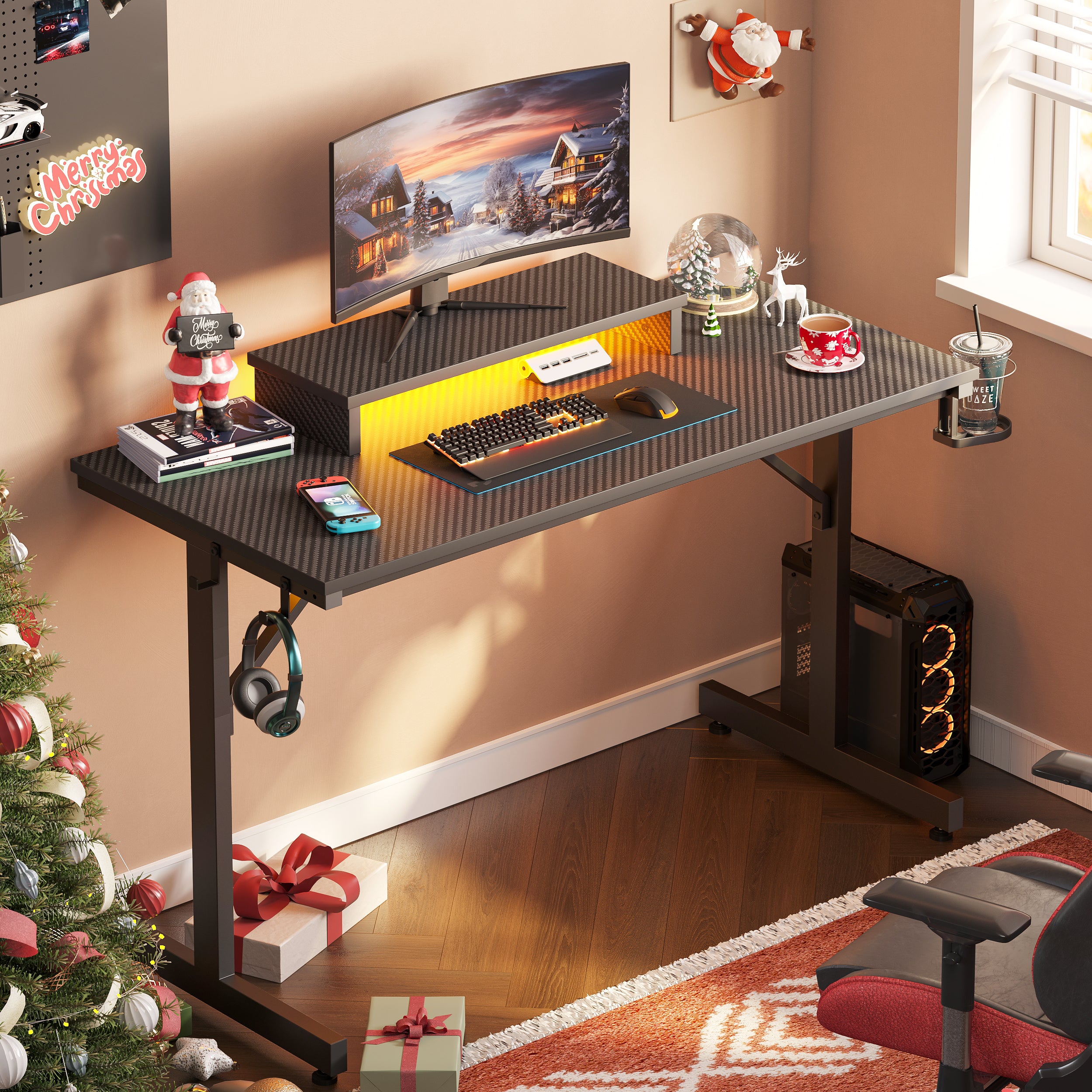 Bestier 42" Gaming Desk PC Computer Office Gamer Table Desk with LED Lights &amp; Monitor Stand in Red
