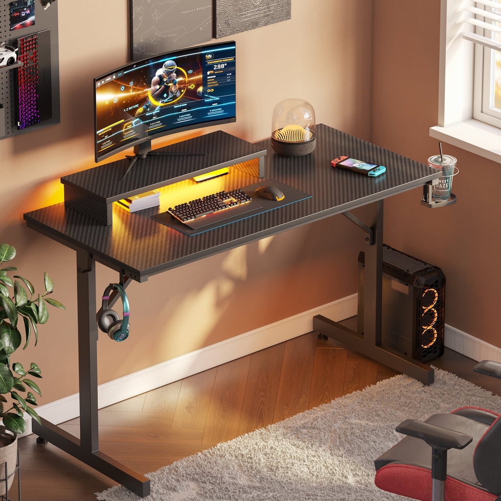 Bestier 42" Gaming Desk PC Computer Office Gamer Table Desk with LED Lights &amp; Monitor Stand in Red