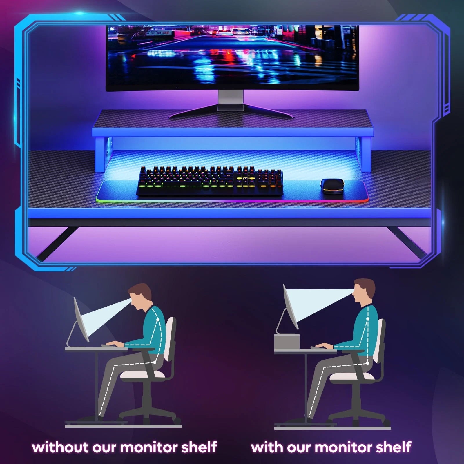 Bestier 42" Gaming Desk PC Computer Office Gamer Table Desk with LED Lights &amp; Monitor Stand in Red
