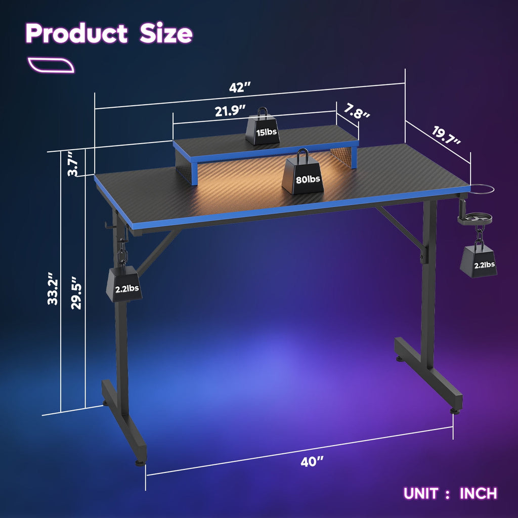 Bestier 42" Gaming Desk PC Computer Office Gamer Table Desk with LED Lights &amp; Monitor Stand in Red