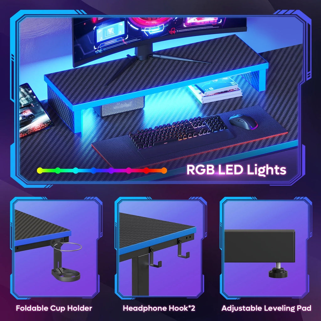 Bestier 42" Gaming Desk PC Computer Office Gamer Table Desk with LED Lights &amp; Monitor Stand in Red