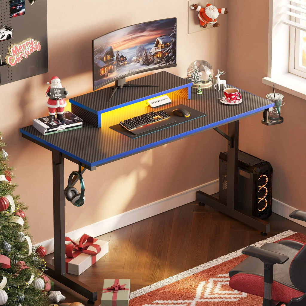 Bestier 42" Gaming Desk PC Computer Office Gamer Table Desk with LED Lights &amp; Monitor Stand in Red